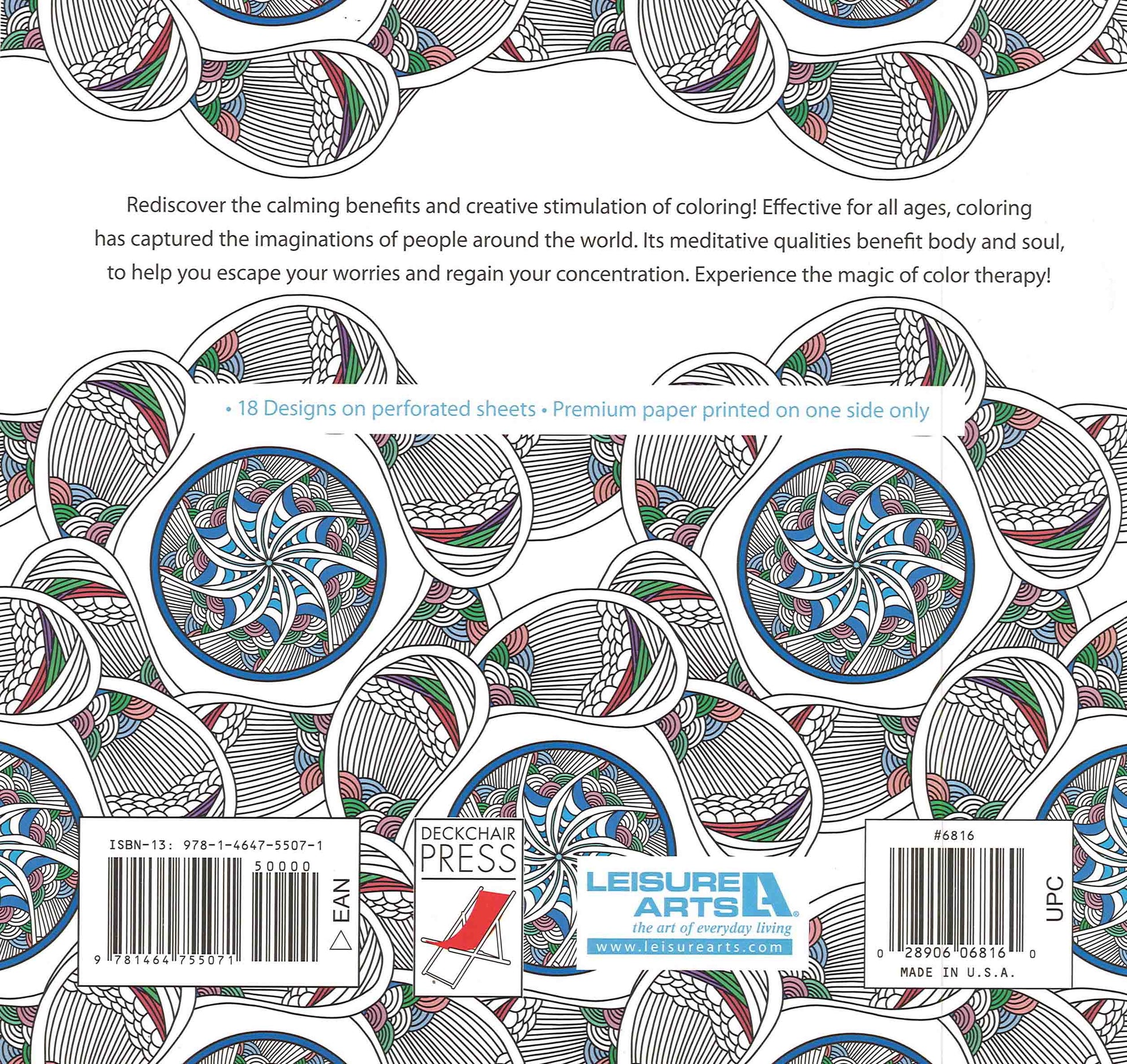 The back cover of the Crazy Kaleidoscopes Coloring Book by Leisure Arts displays intricate circular patterns in black, red, blue, and green lines with fun coloring designs, plus descriptive text and publisher info at the center and bottom.