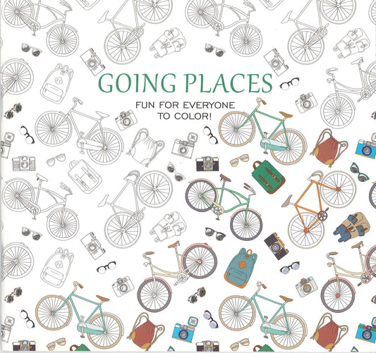 The Leisure Arts "Going Places—18 Designs on Perforated Pages" coloring book features outlined bikes, cameras, sunglasses, and backpacks (some colored in green, orange, and brown) with the text GOING PLACES and FUN FOR EVERYONE TO COLOR! Fun for all ages.