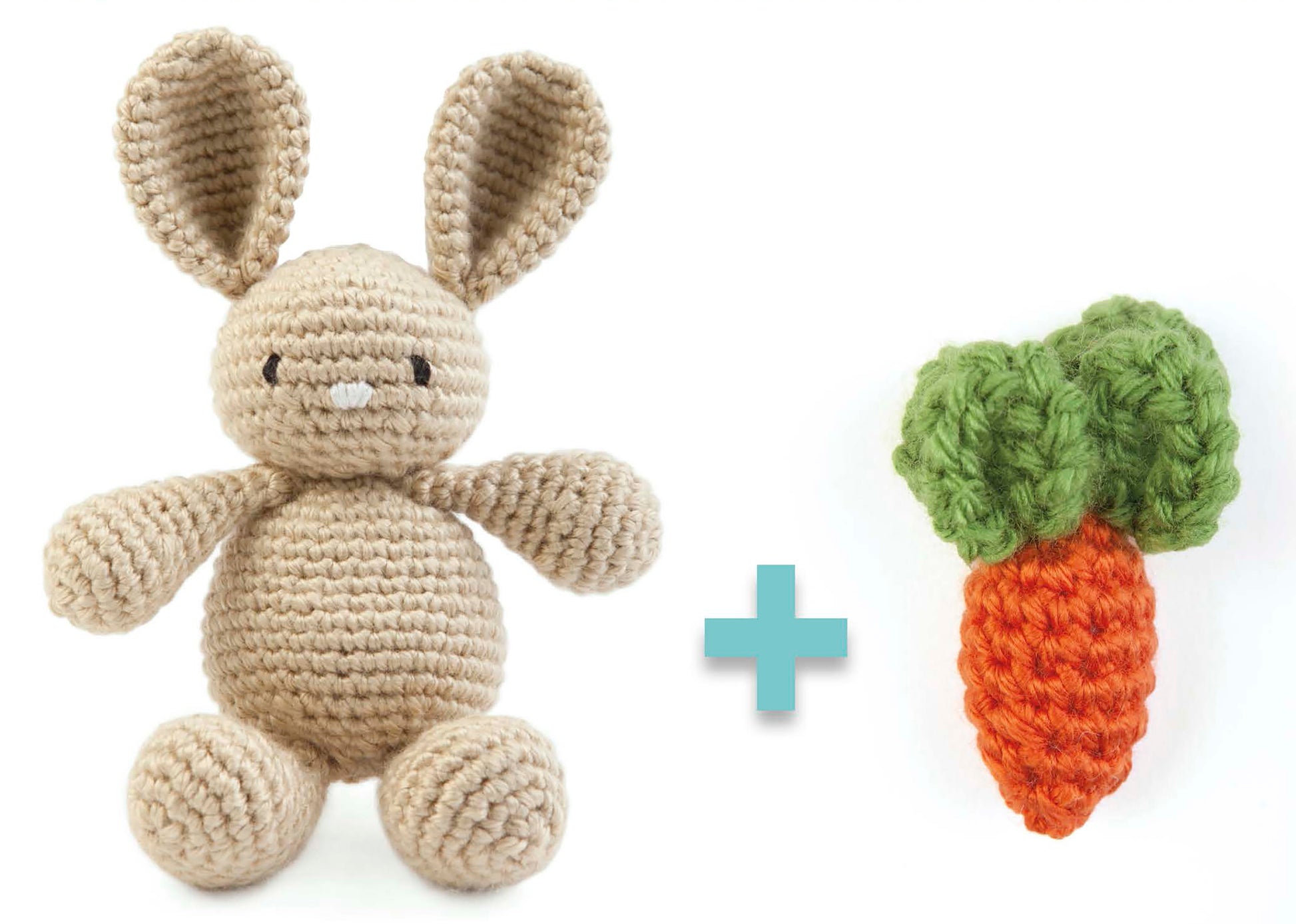 Baby's Buddy Amigurumi by Leisure Arts: a crocheted beige bunny and an orange carrot with green leaves sit side by side on a white background, making adorable stuffed animals ideal for nursery décor or gifts.