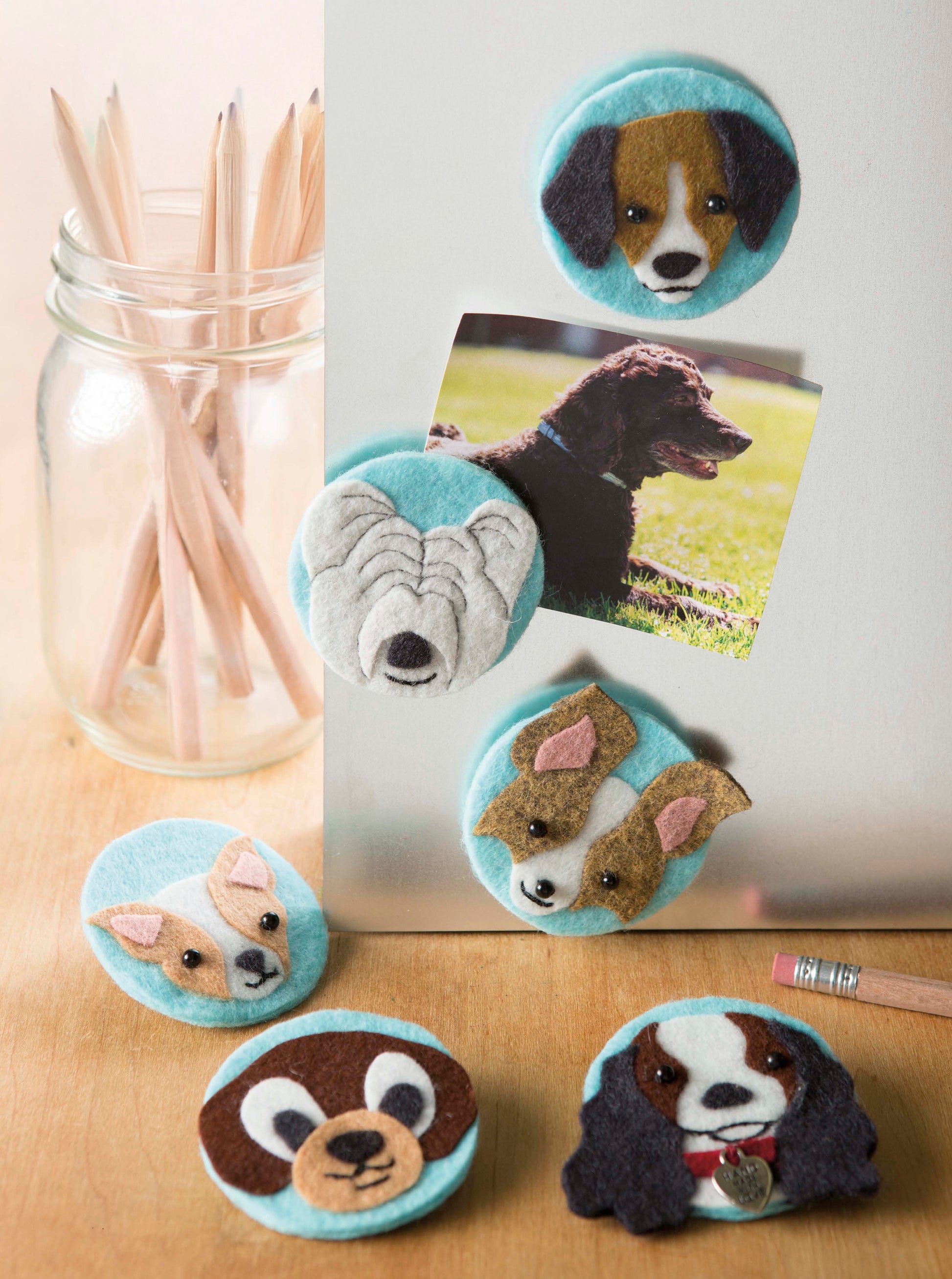 Six My Pet Crafts felt dog face magnets by Leisure Arts, inspired by animal sewing patterns and perfect for pet lover gifts or adding charm to your décor, are displayed on a metallic surface holding a dog photo. Nearby, a glass jar filled with colored pencils sits on a wooden table—showcasing these delightful handmade pet crafts.