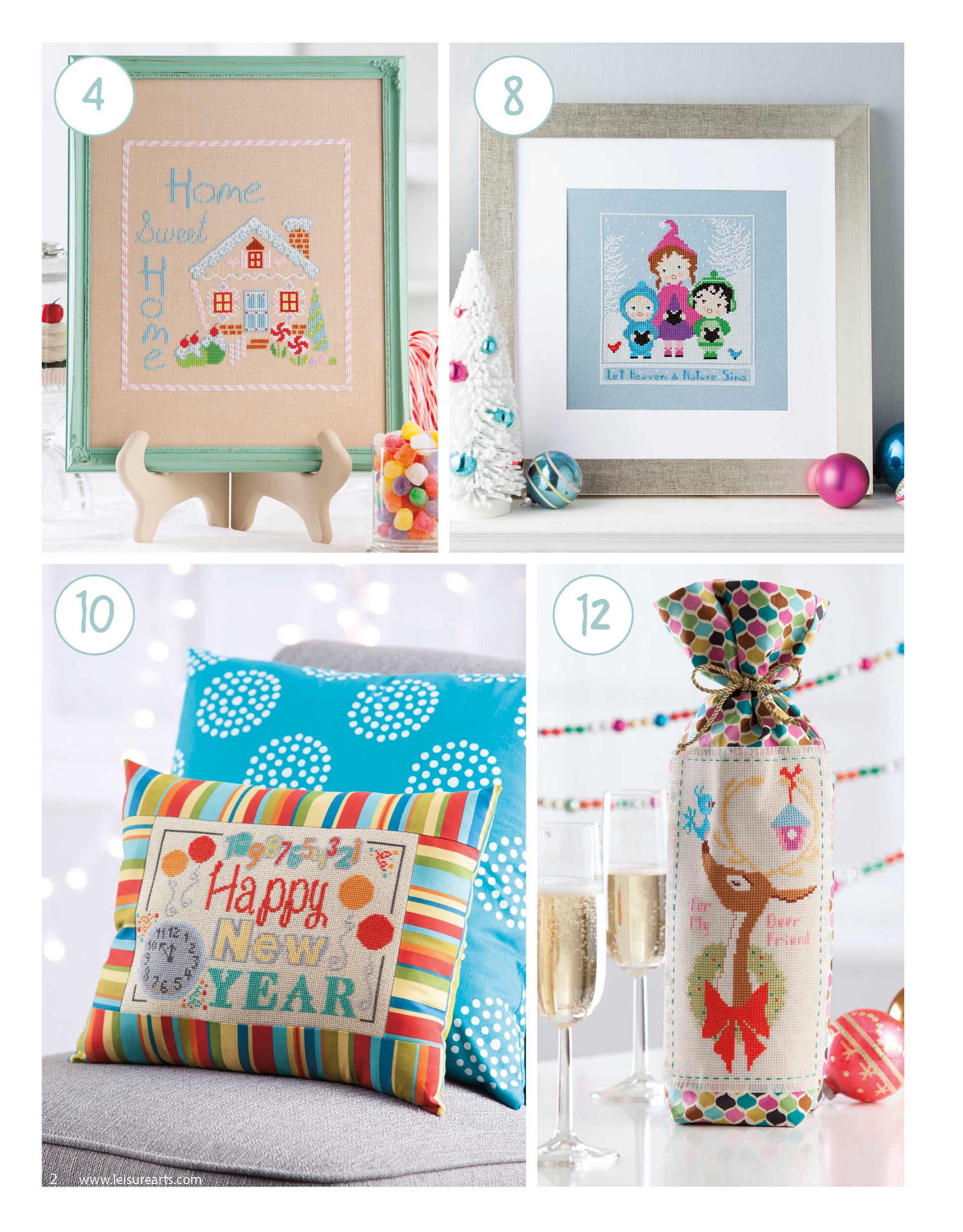 A festive collage of four Retro Christmas Cross Stitch projects by Leisure Arts—Home Sweet Home house, framed New Year’s kids, Happy New Year pillow, and reindeer bottle cover—plus vibrant banner-accented holiday patterns.
