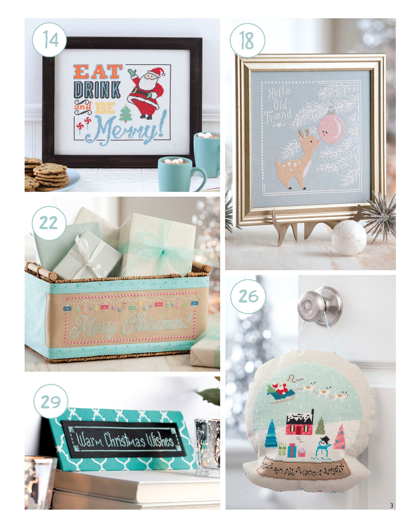 A collage of five Christmas-themed crafts including the Leisure Arts Retro Christmas Cross Stitch, a Santa banner, llama picture, gift basket, sign, and snow globe door hanger.