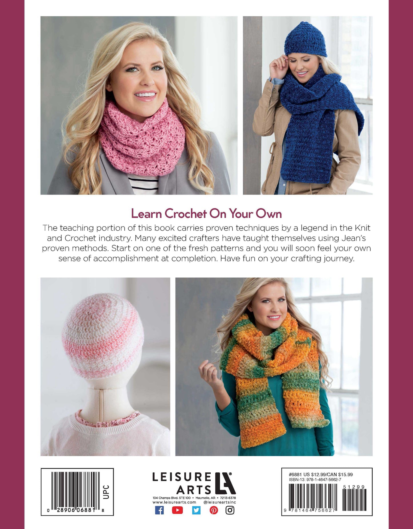 The back cover of Leisure Arts' "Learn to Crochet the Easy Way" shows four women in colorful projects—a pink scarf, blue hat and scarf, a mannequin with a pink and white hat, and a green-orange scarf—with beginner patterns and step-by-step instructions included.