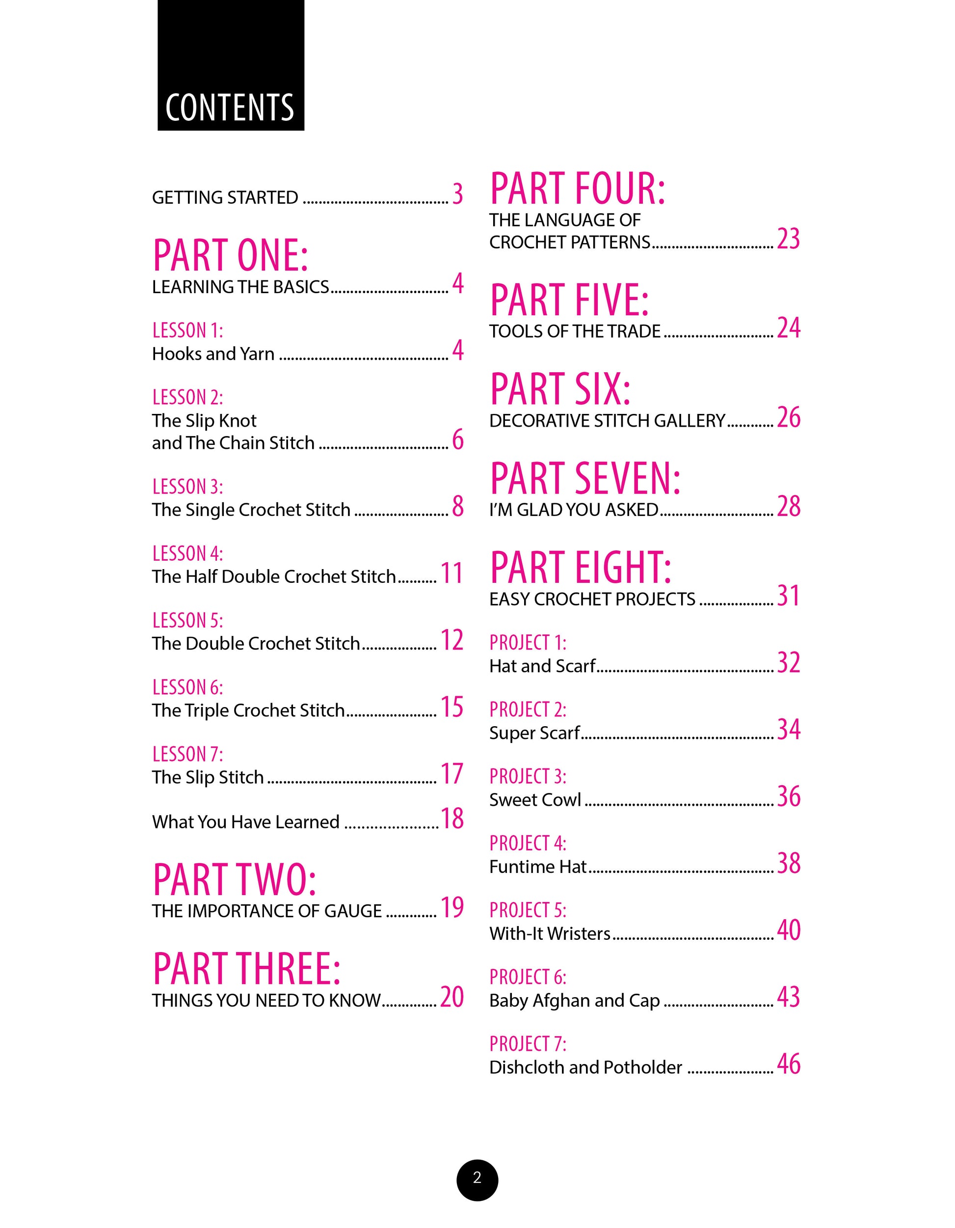 A table of contents from the Leisure Arts book "Learn to Crochet the Easy Way," featuring black and pink text listing sections, beginner projects, patterns, step-by-step instructions, and page numbers on a white background.