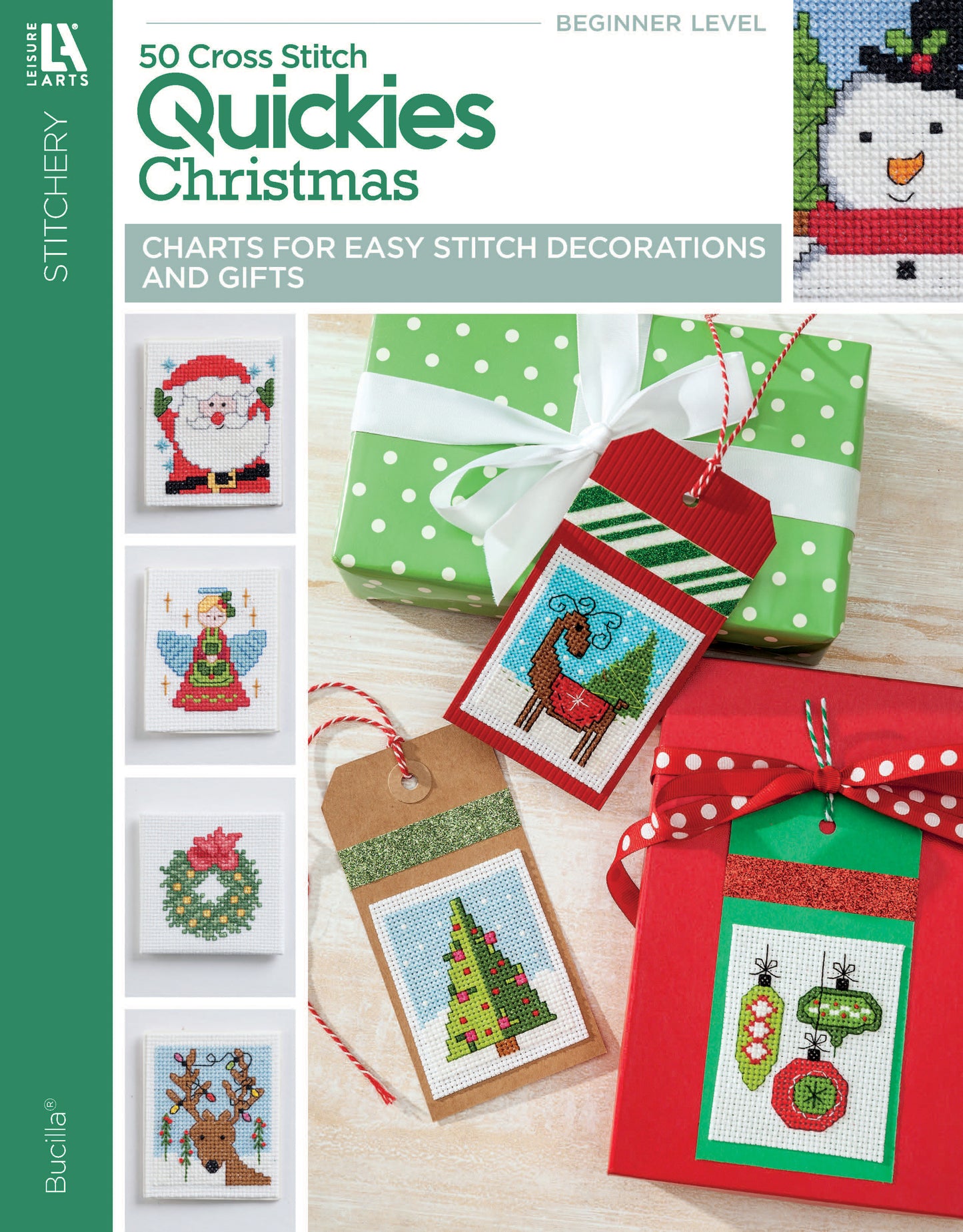 Cover of Leisure Arts’ book "50 Cross Stitch Quickies Christmas," showcasing beginner-friendly patterns like Santa, a snowman, reindeer, angel, Christmas tree, and ornaments on tags and boxes.