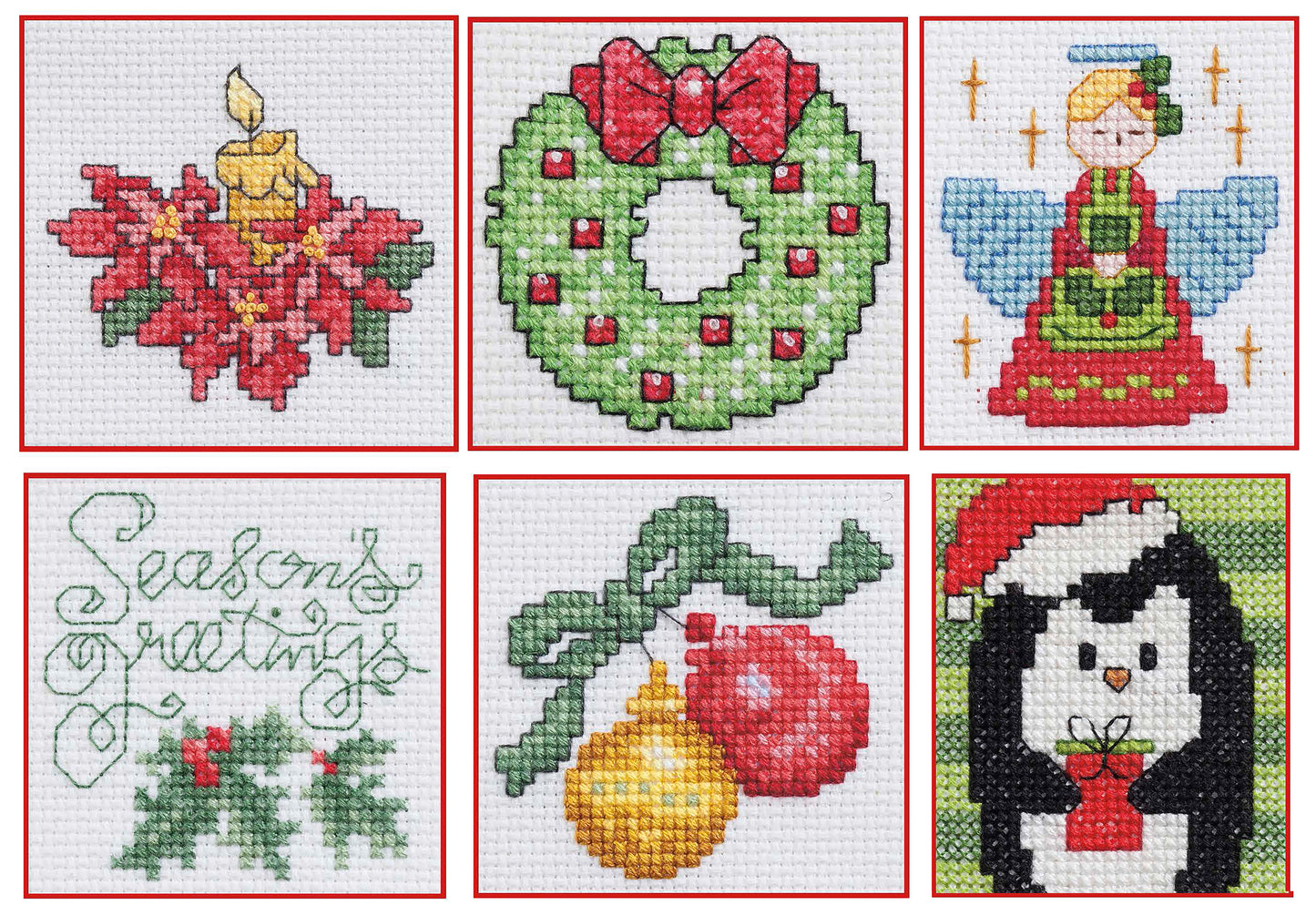 Leisure Arts’ 50 Cross Stitch Quickies Christmas features six easy designs: poinsettia candle, wreath with bow, blue angel, ‘Seasons Greetings’ with holly, festive ornaments, and a penguin Santa holding a gift.