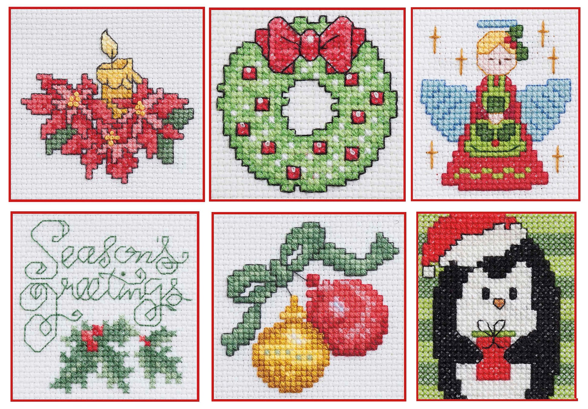 Leisure Arts’ 50 Cross Stitch Quickies Christmas features six easy designs: poinsettia candle, wreath with bow, blue angel, ‘Seasons Greetings’ with holly, festive ornaments, and a penguin Santa holding a gift.