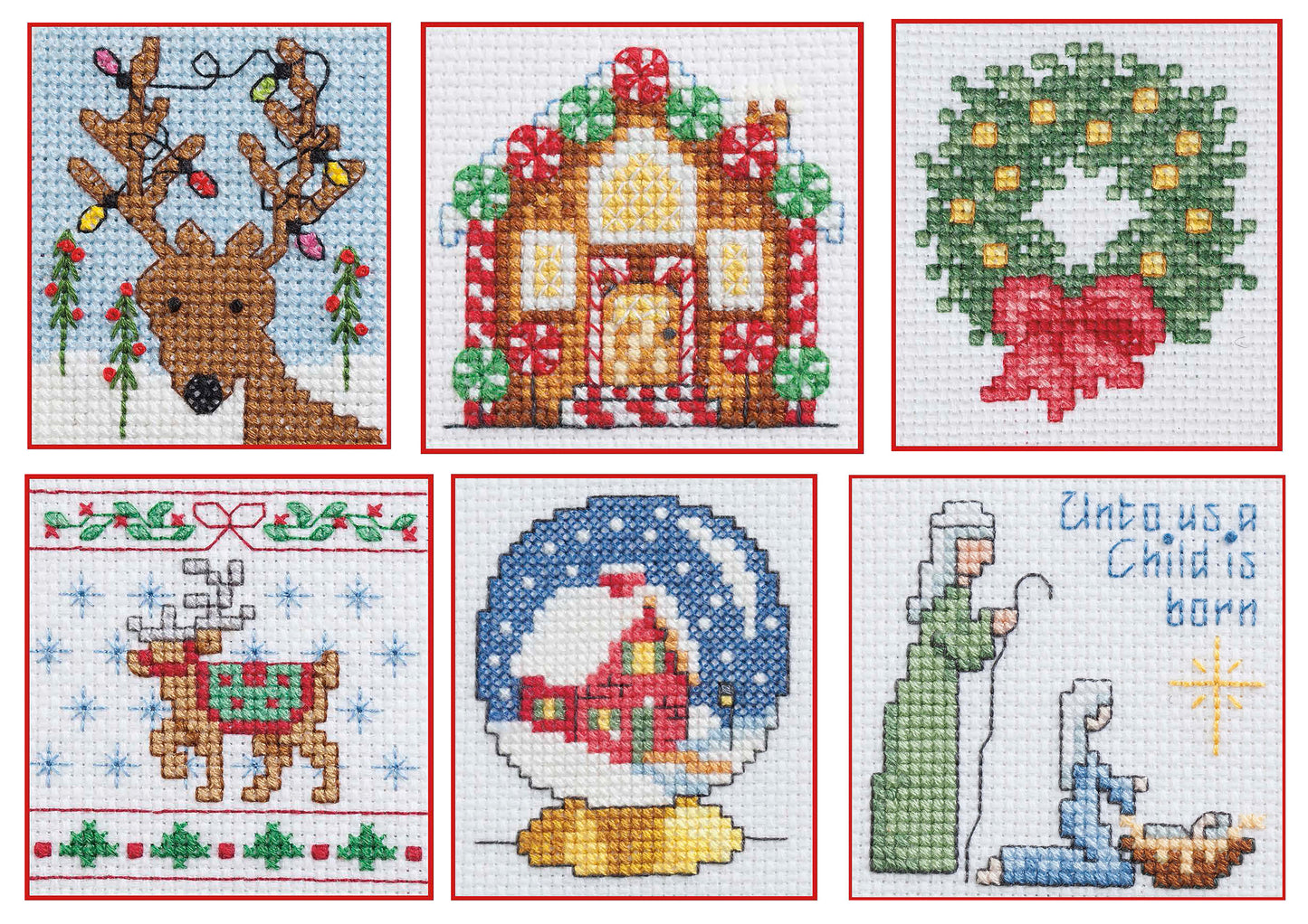 Leisure Arts' "50 Cross Stitch Quickies Christmas" features six beginner-friendly designs: reindeer with ornaments, gingerbread house, wreath with red bow, reindeer with snowflakes, snow globe with house, and nativity scene.