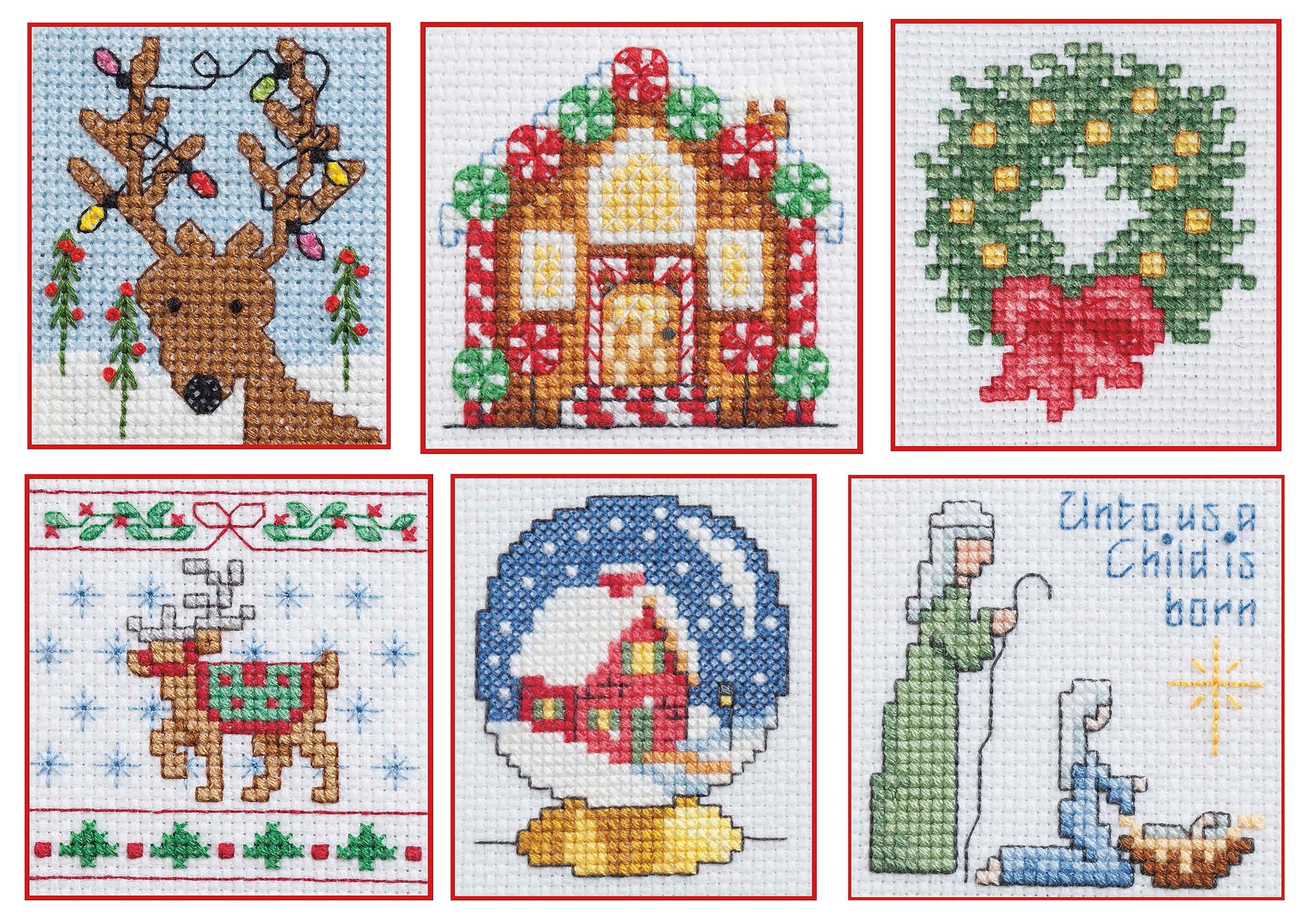 Leisure Arts' "50 Cross Stitch Quickies Christmas" features six beginner-friendly designs: reindeer with ornaments, gingerbread house, wreath with red bow, reindeer with snowflakes, snow globe with house, and nativity scene.