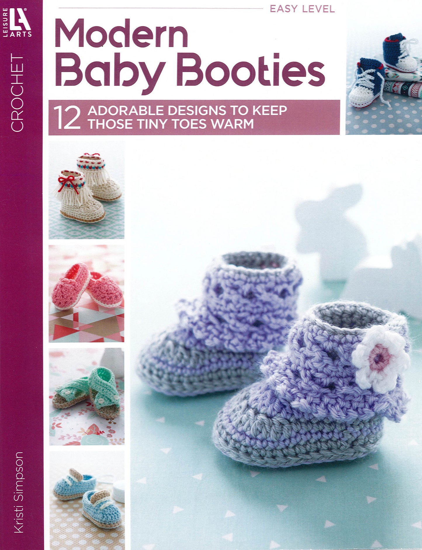 Cover of Leisure Arts' Modern Baby Booties Digital Download, showing colorful crochet baby shoes—including a close-up of purple booties with a flower—and several beginner patterns in the background.