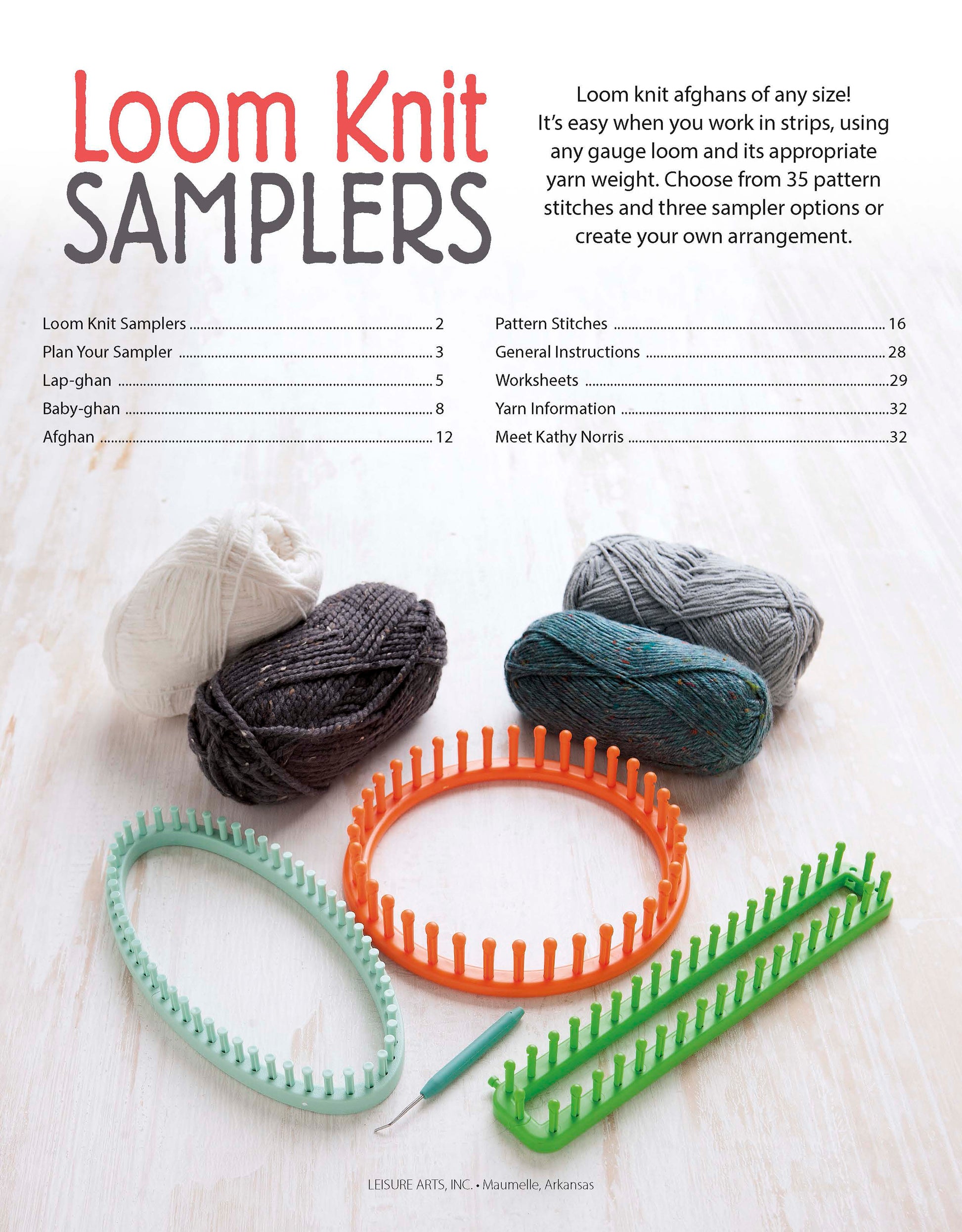 Three balls of gray, white, and cream yarn with green and orange loom tools from Leisure Arts' Loom Knit Samplers are displayed on a white surface. “Loom Knit Samplers” is printed above along with sampler afghan stitch patterns on the left.