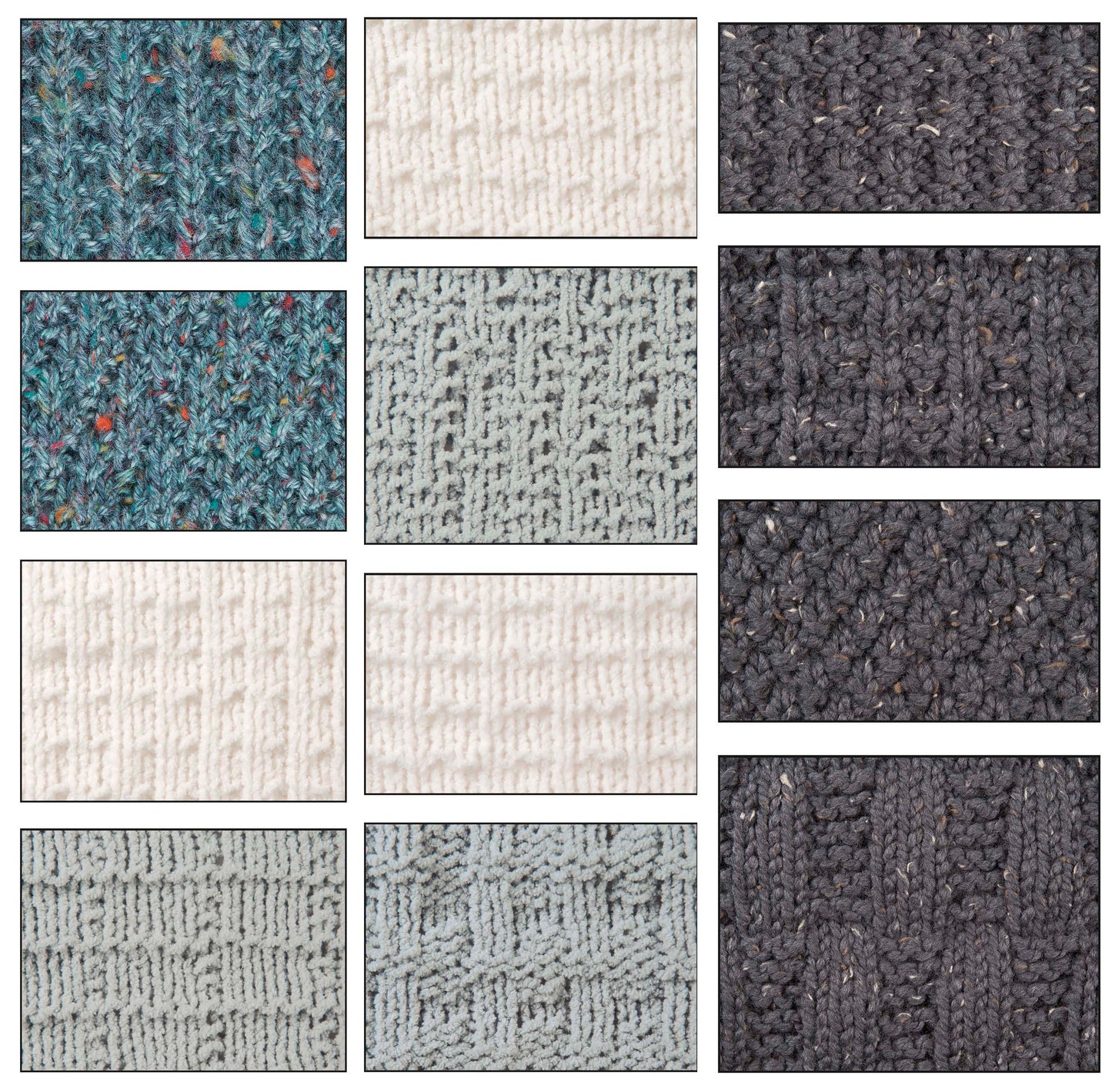 A grid of twelve fabric swatches in blue, cream, and dark grey displays varied stitches and textures. "Loom Knit Samplers" by Leisure Arts offers visible yarn details—ideal inspiration for sampler afghans or loom knitting projects.
