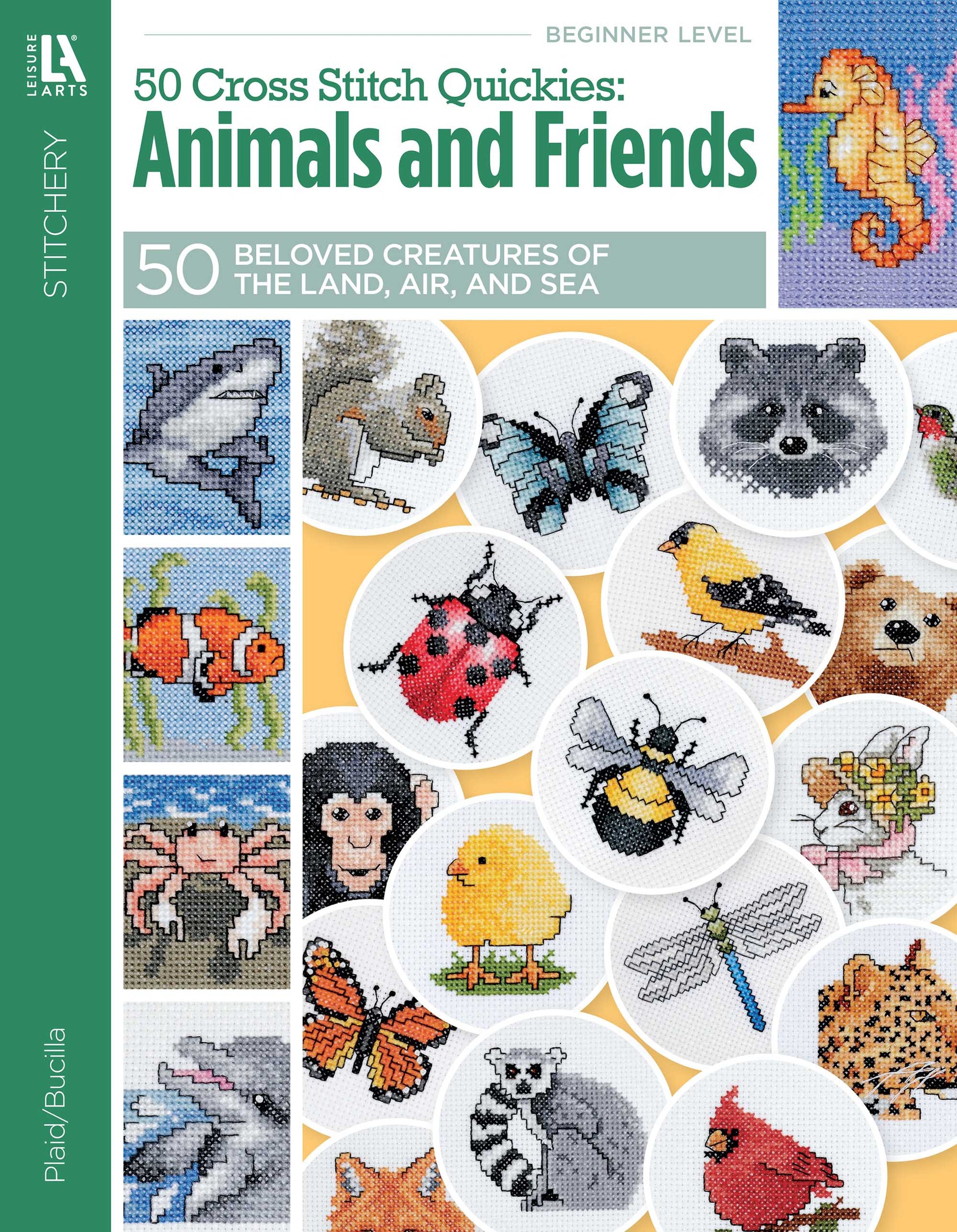 The cover of Leisure Arts' "50 Cross Stitch Quickies Animals and Friends" digital download features small animal designs like lion, raccoon, bee, owl, cat, and dog displayed in circular frames on a teal and white background.