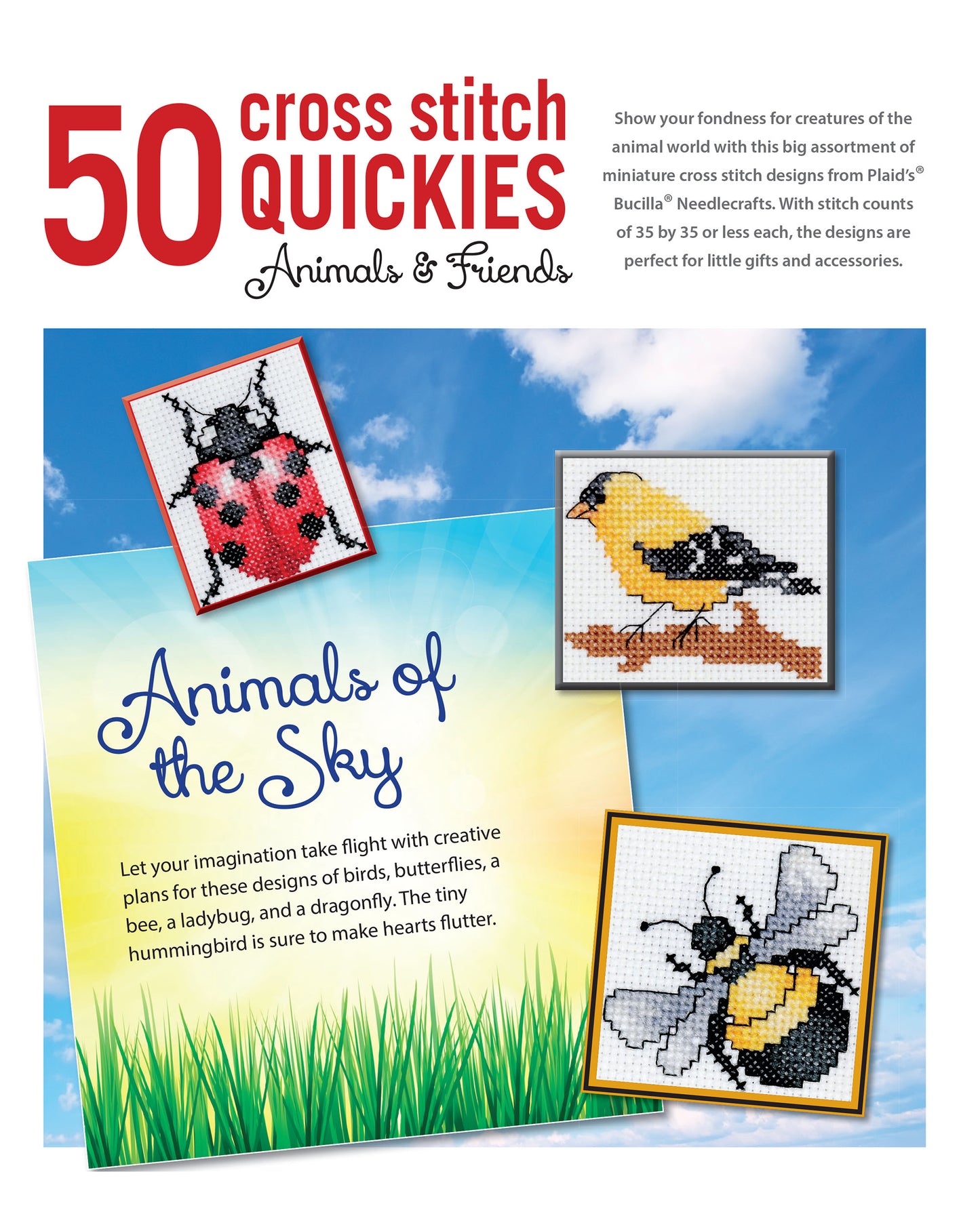 The "50 Cross Stitch Quickies Animals and Friends Digital Download" by Leisure Arts features small designs like a ladybug, goldfinch, and bumblebee, with pattern descriptions set against a blue sky background.