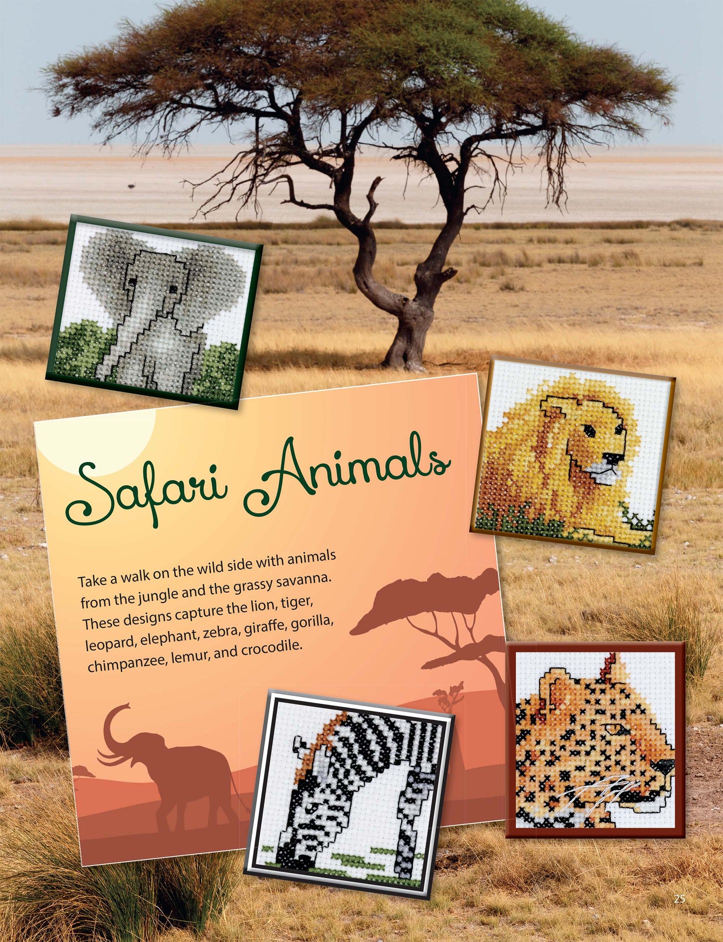 Showcase your love for animal cross stitch with "50 Cross Stitch Quickies Animals and Friends Digital Download" by Leisure Arts—featuring small designs like elephant, lion, zebra, and cheetah on a savanna backdrop. Perfect for craft enthusiasts!.