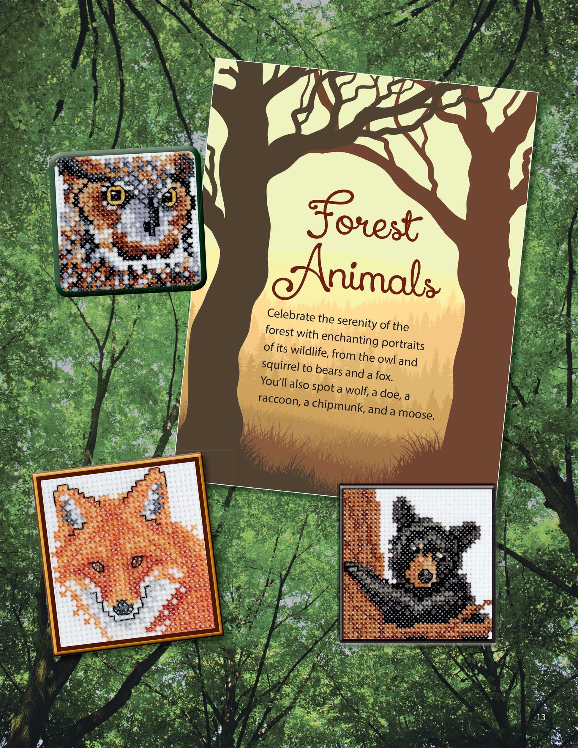 The Leisure Arts "50 Cross Stitch Quickies Animals and Friends" digital download features a Forest Animals poster with forest silhouette and text, centered among cross stitch images of an owl, bear, and fox beneath green tree canopies.