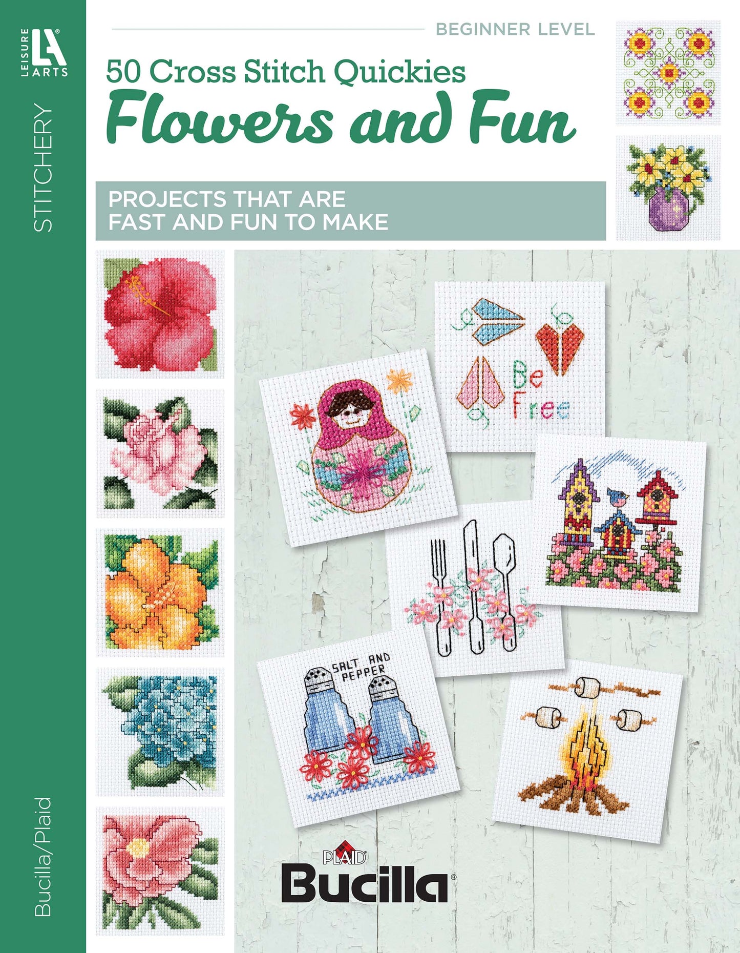 Cover of Leisure Arts' "50 Cross Stitch Quickies Flowers and Fun," featuring beginner-friendly patterns—small designs like a flower, cat, Matryoshka doll, birds, teacup, dog, and campfire on a light background.