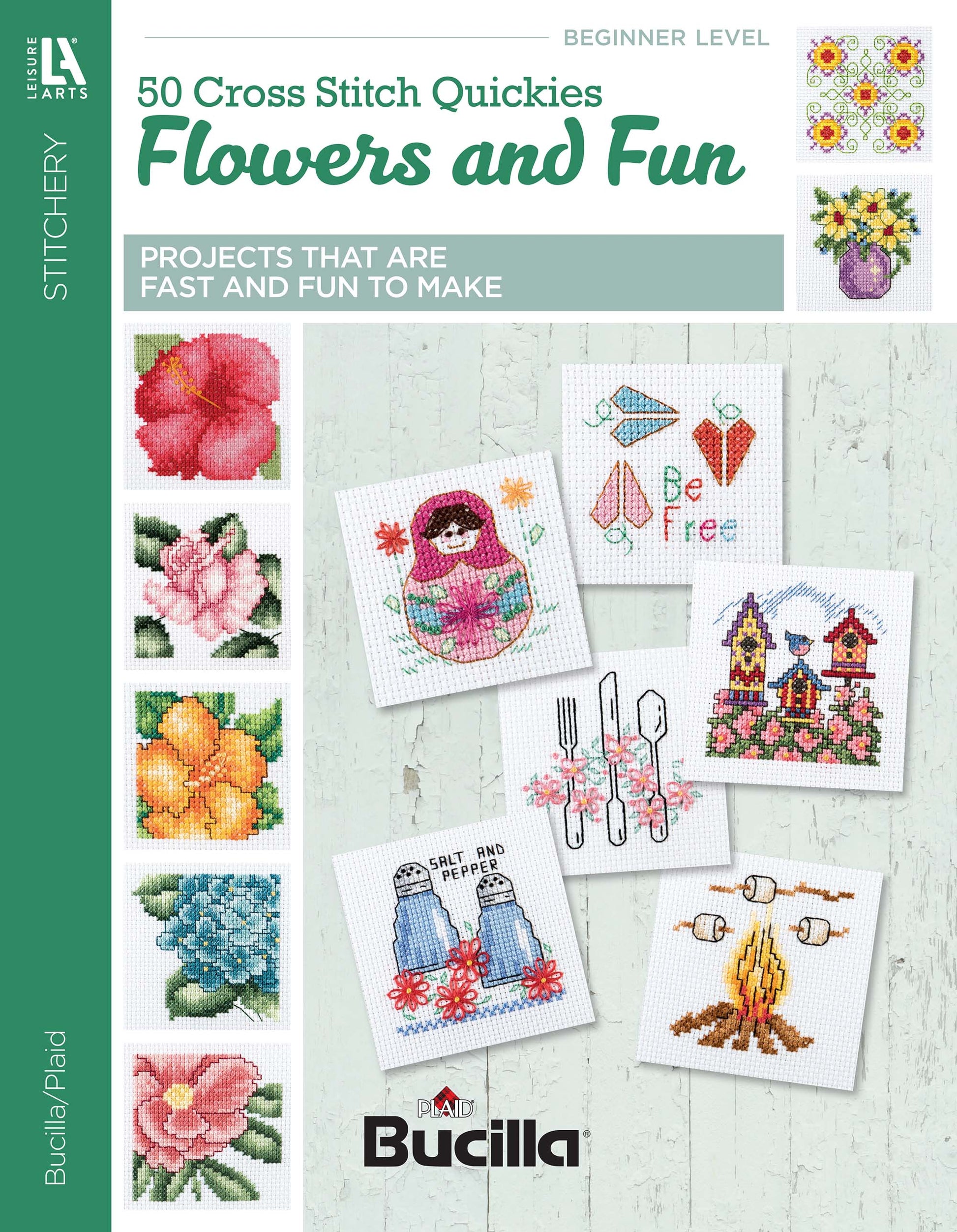 Cover of Leisure Arts' "50 Cross Stitch Quickies Flowers and Fun," featuring beginner-friendly patterns—small designs like a flower, cat, Matryoshka doll, birds, teacup, dog, and campfire on a light background.