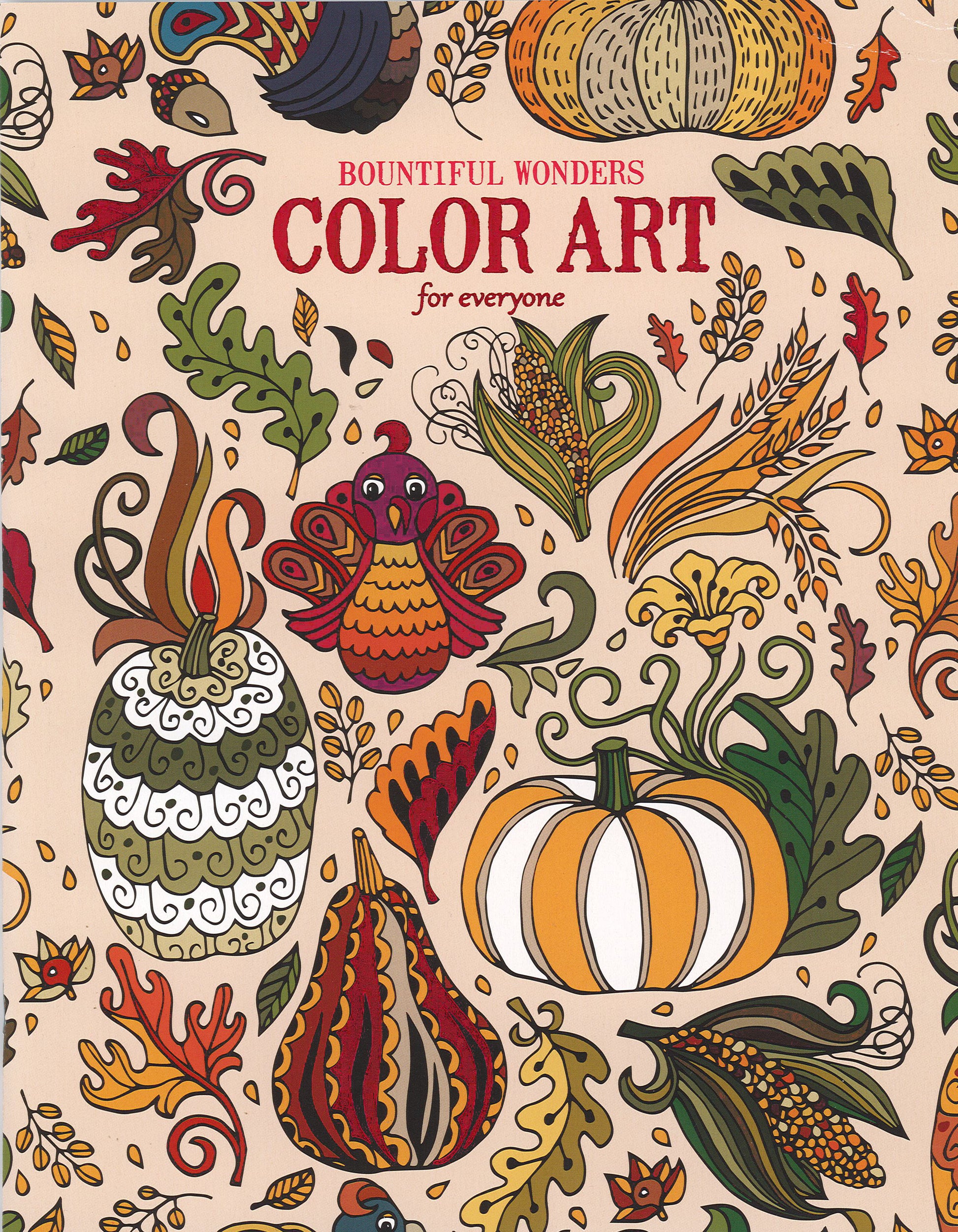 Cover of the Leisure Arts "Bountiful Wonders Color Art for Everyone" coloring book, featuring autumn-themed illustrations such as pumpkins, leaves, flowers, and a turkey in warm fall colors.