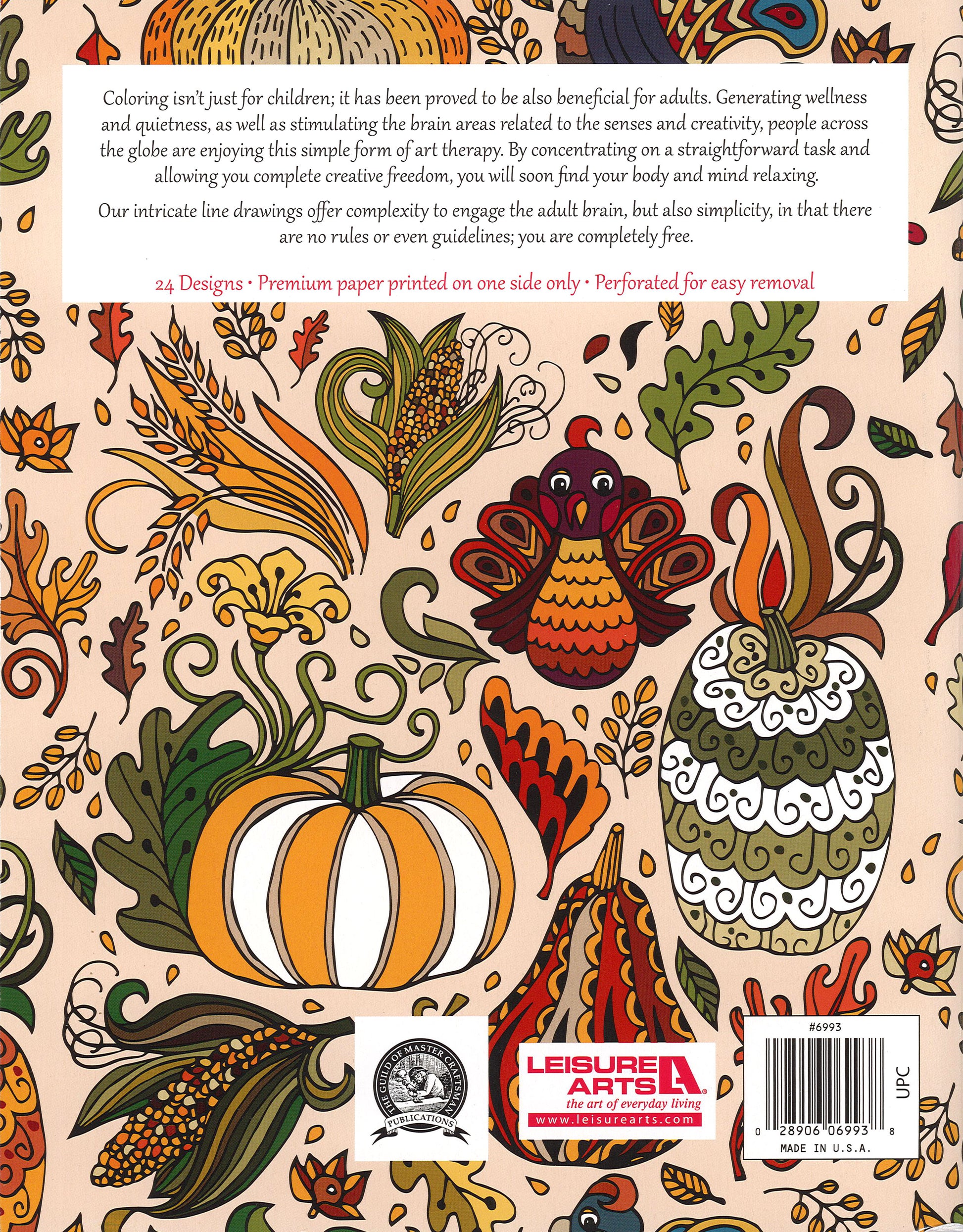 Colorful autumn illustration with pumpkins, leaves, acorns, corn, and a turkey surrounded by floral patterns. Features "Bountiful Wonders Color Art for Everyone" by Leisure Arts with print ISBN, product code, and coloring benefits in the background.