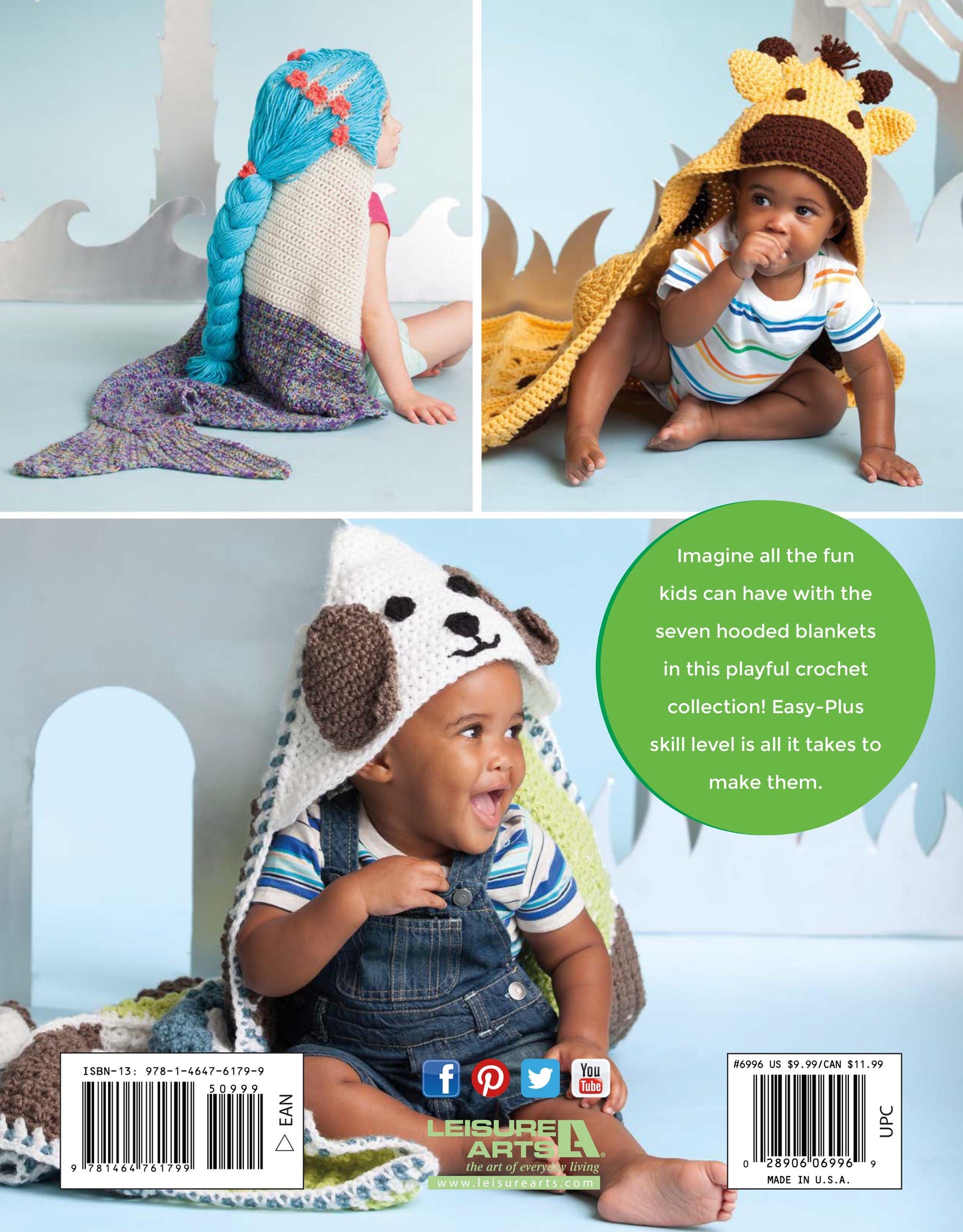 Three babies sit on the floor wearing Leisure Arts Crochet Animal Blankets shaped like a mermaid, lion, and panda, each with unique appliqué accents. A green circle highlights the collection. Social media icons and barcodes appear below.