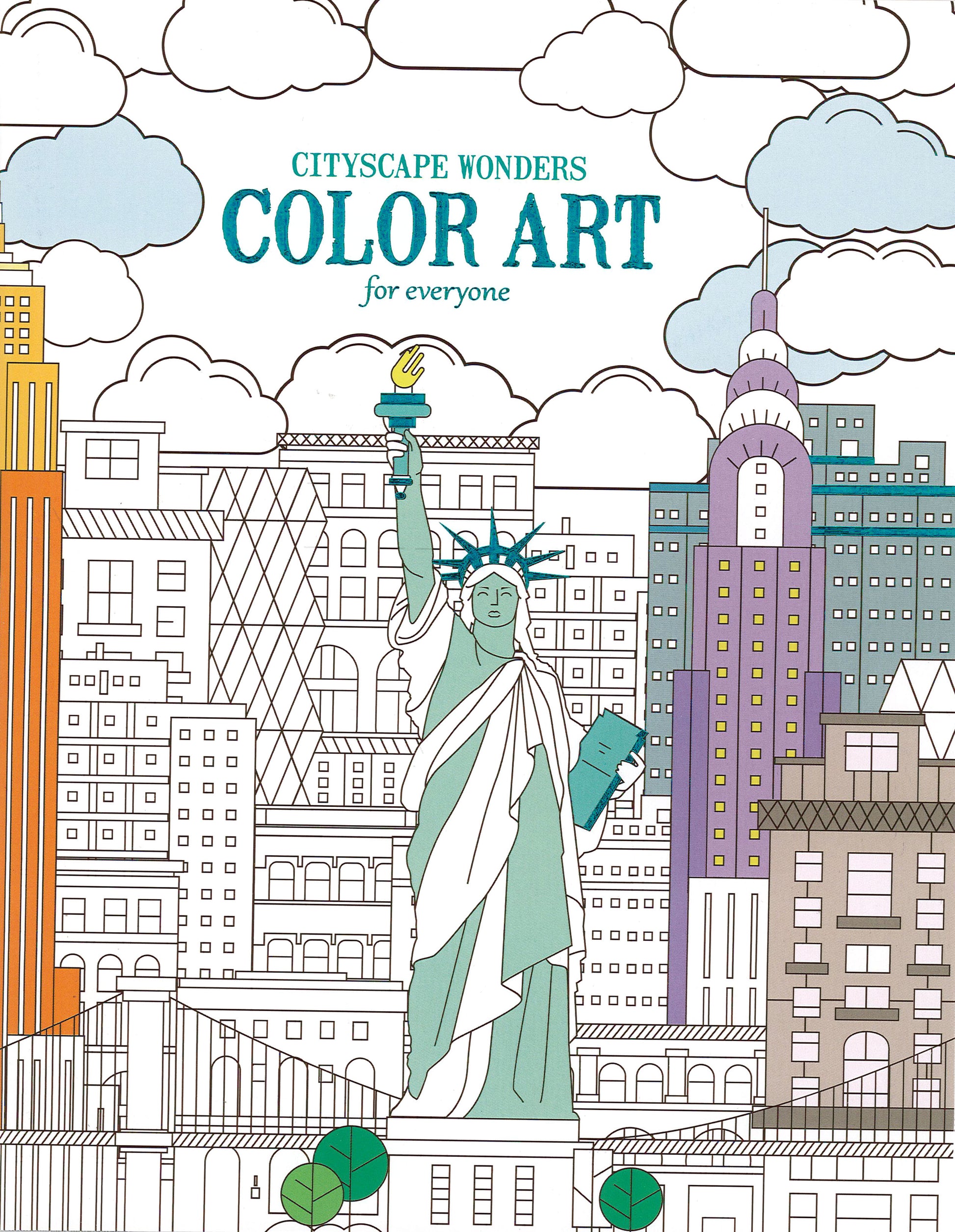 Vivid cityscape illustration with the Statue of Liberty, skyscrapers, and clouds from Leisure Arts. "Cityscape Wonders Color Art for Everyone." Print ISBN available for easy reference.