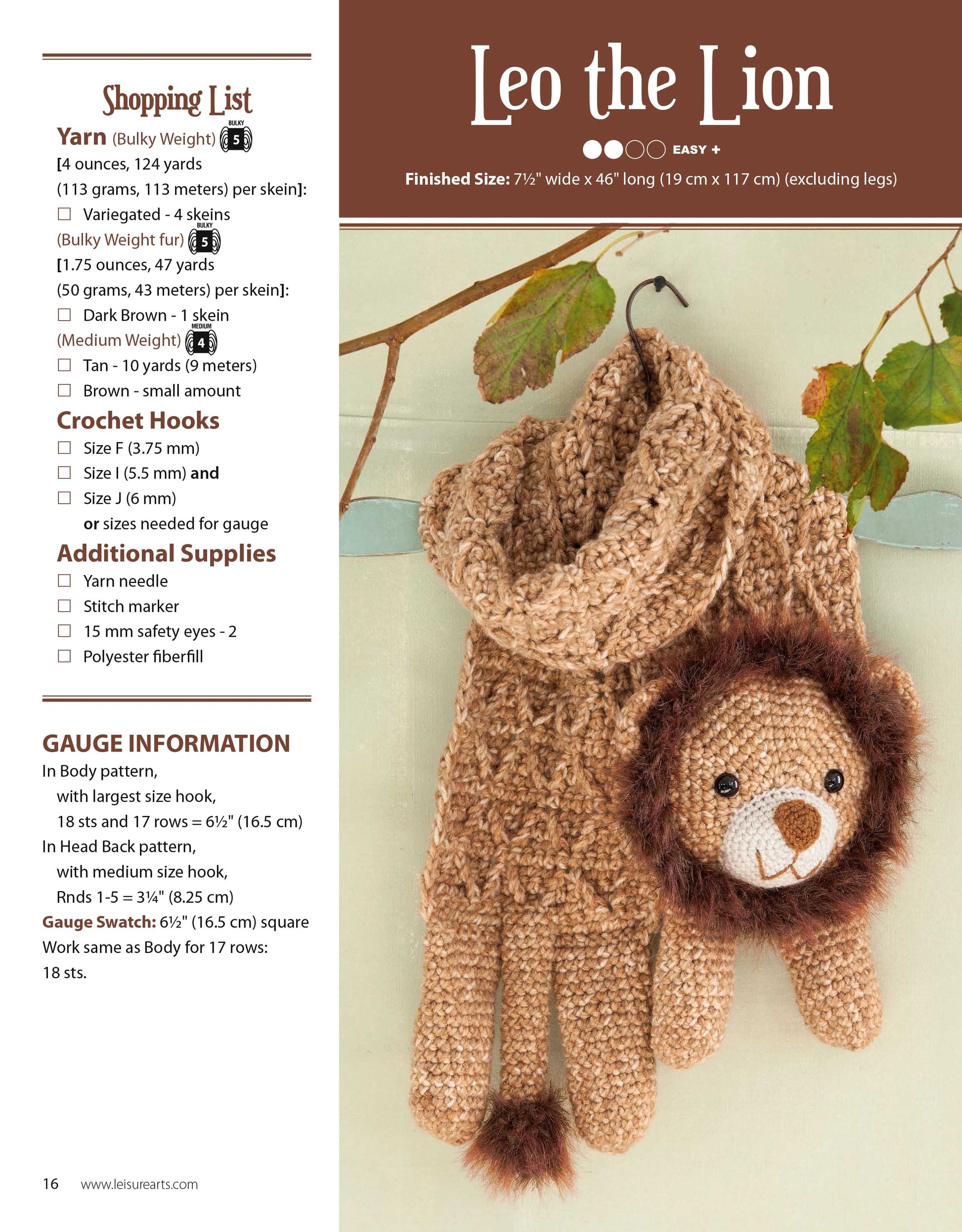 Leisure Arts' Amigurumi Animal Scarves is shown on a cream background with crocheted lion mittens featuring a brown mane, beige face, and embroidered details, plus an animal scarves pattern and shopping list for beginner knitters.