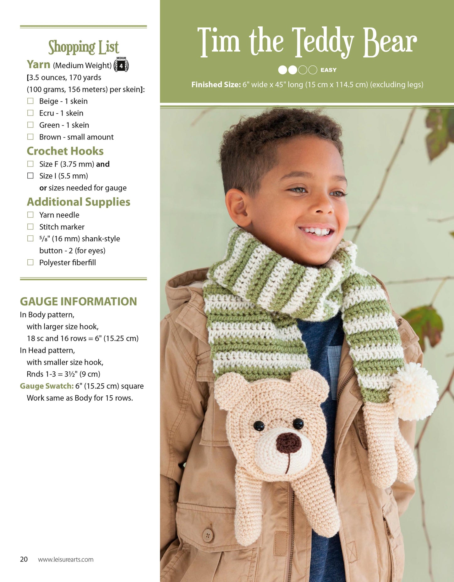 A young child beams in a green and white striped Amigurumi Animal Scarf from Leisure Arts, featuring a crocheted teddy bear. Yarn, crochet hooks, easy scarf patterns, and supply lists appear beside the child on the left.