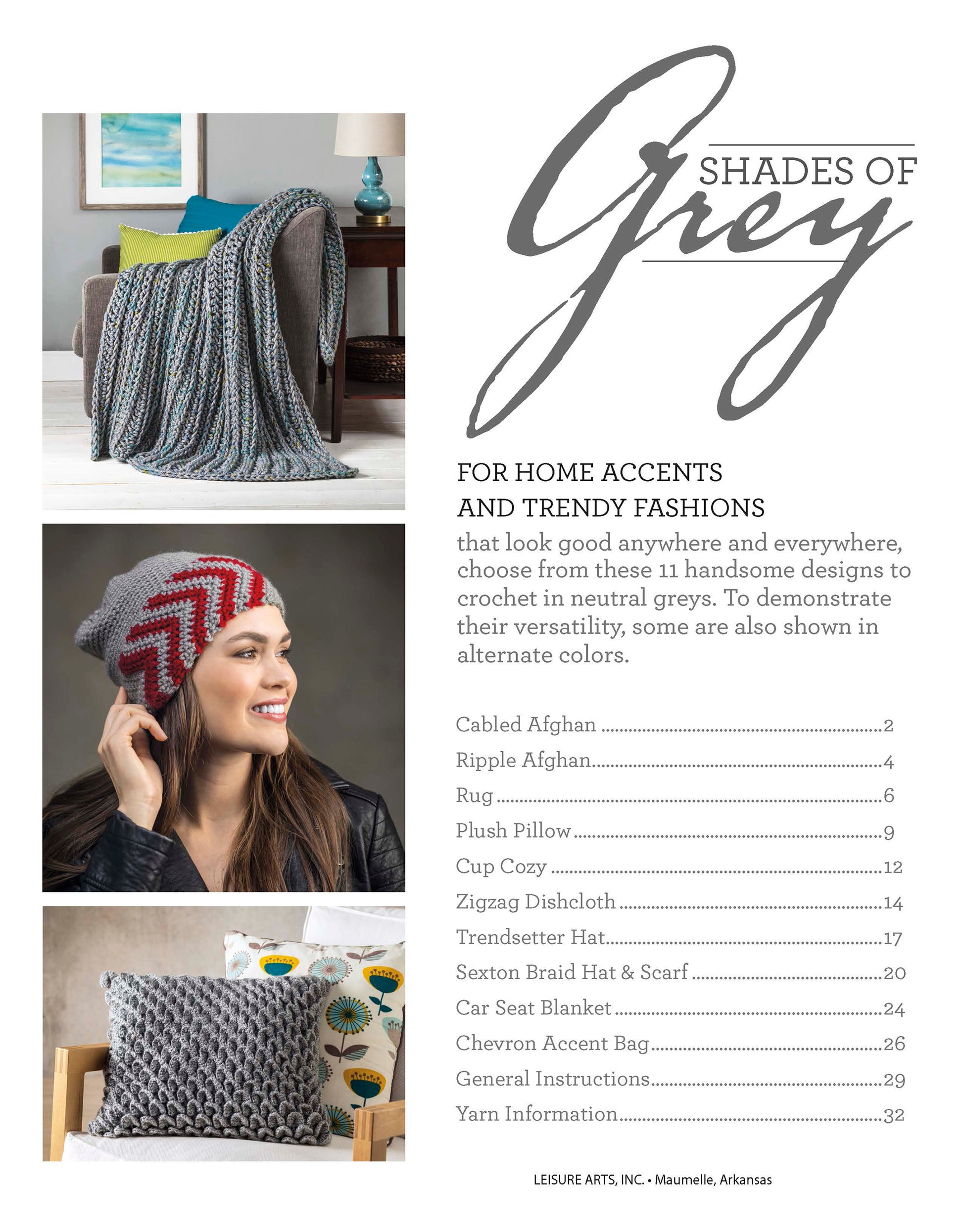 A magazine page titled "Shades of Grey Crochet" by Leisure Arts shows a grey crocheted blanket on a chair, a woman in a grey hat with red zigzag, and a grey pillow with colorful triangles, plus contents listed on the right.