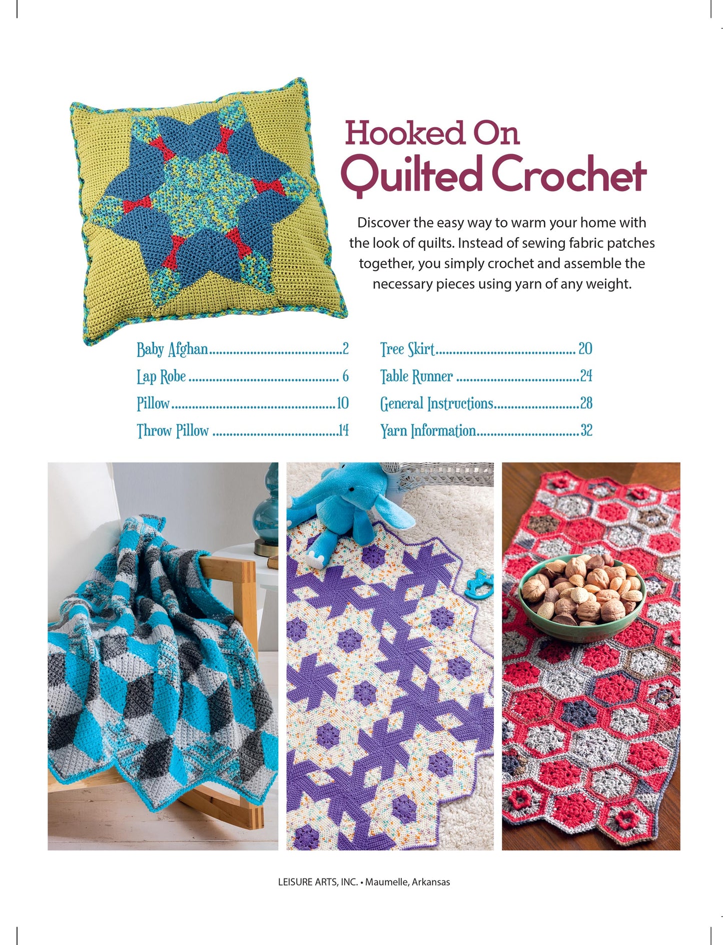 A vibrant page from Leisure Arts' "Hooked On Quilted Crochet" digital download shows a blue-yellow hexagon pillow, a blue-gray afghan on a basket, and a red-pink-gray hexagon table runner—stylish home decor patterns.