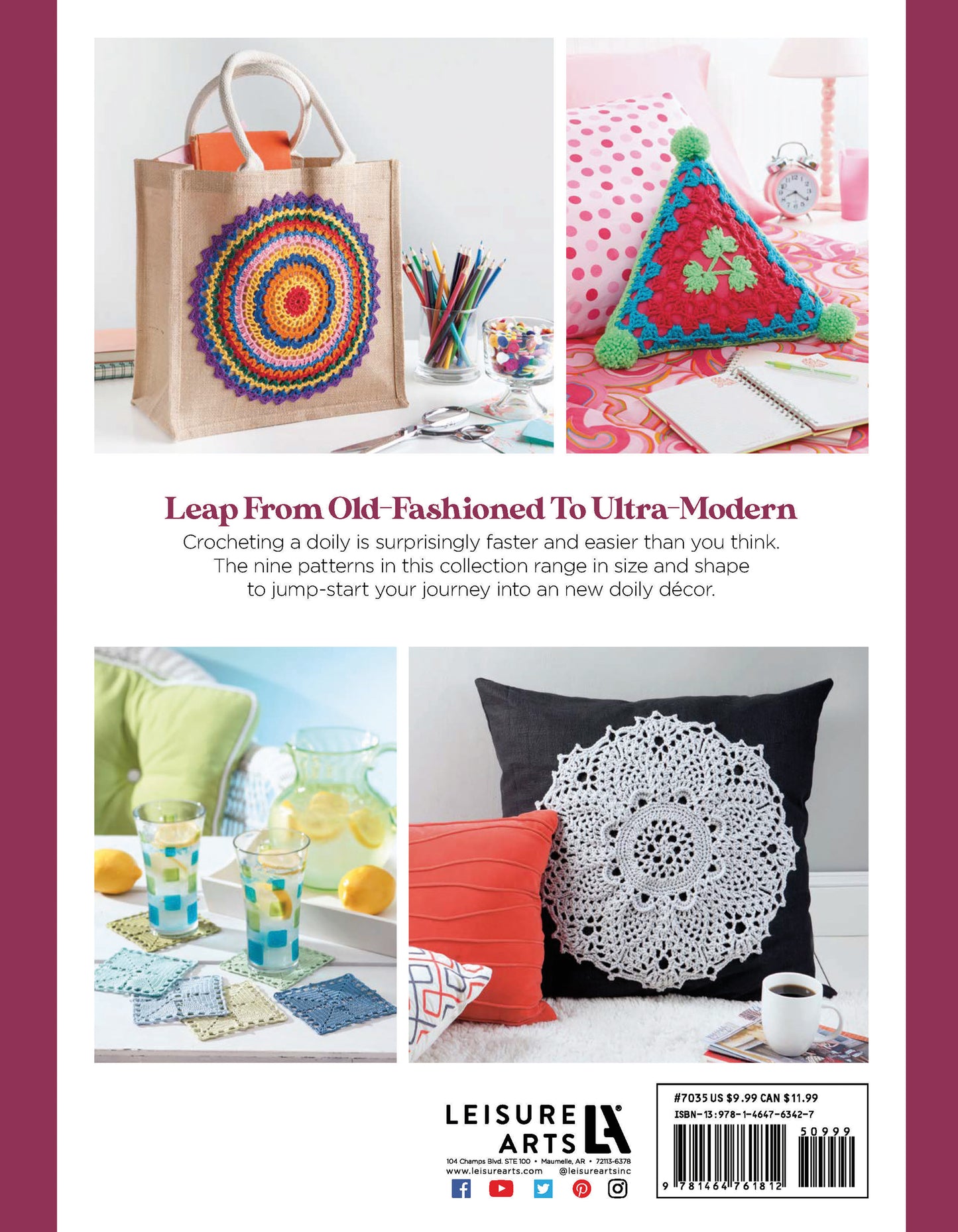 A display of lace crochet from Leisure Arts' "Doilies Updated" features a floral bag, triangle pillow, colorful coasters with drinks, and a black pillow with white doily—styled on table and sofa for crochet decor inspiration. Text and publisher logo visible.