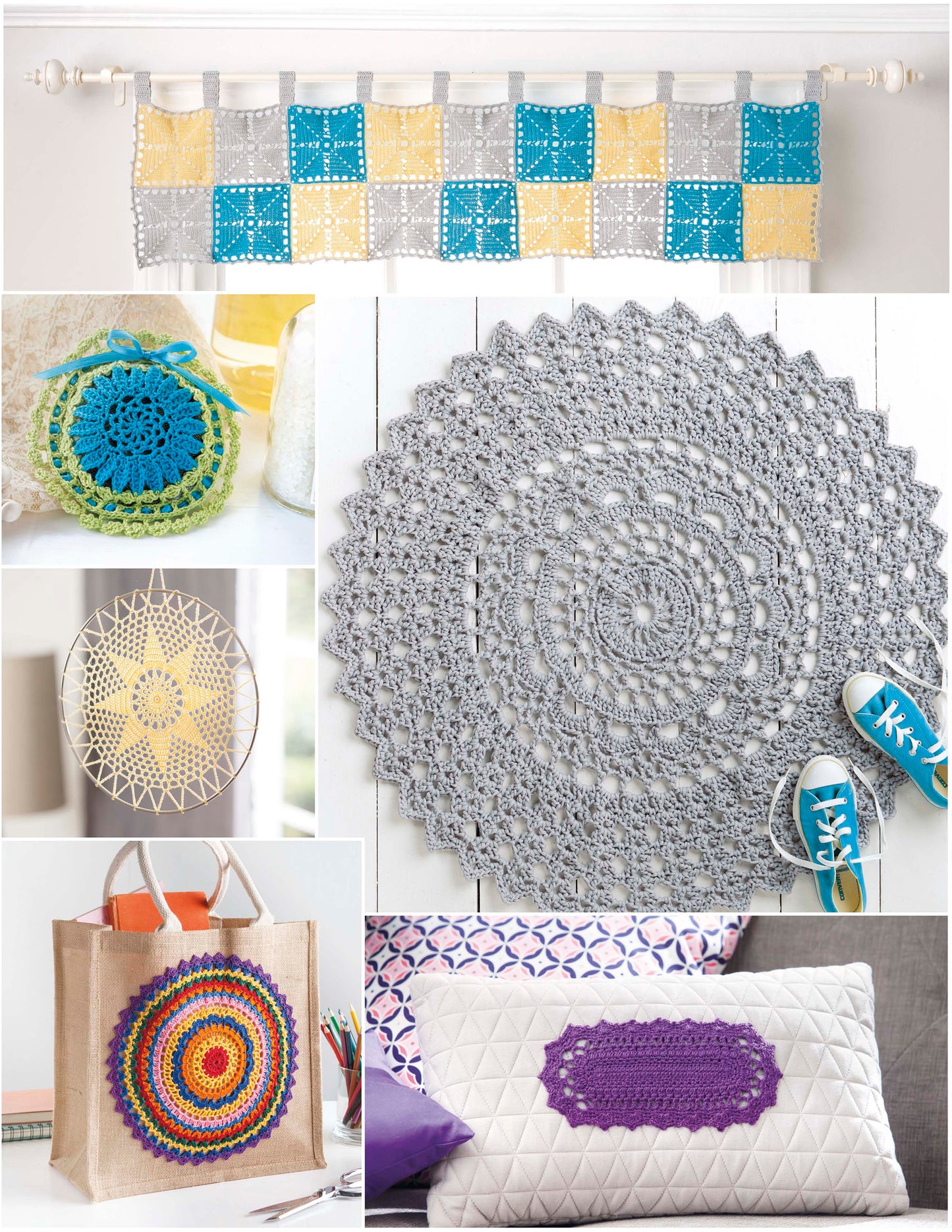 A collage highlights Leisure Arts' Doilies Updated: a window valance, round potholder, large rug, sunburst wall decor, round-pattern tote bag, and white pillow with purple accent—versatile home crochet projects for any space.