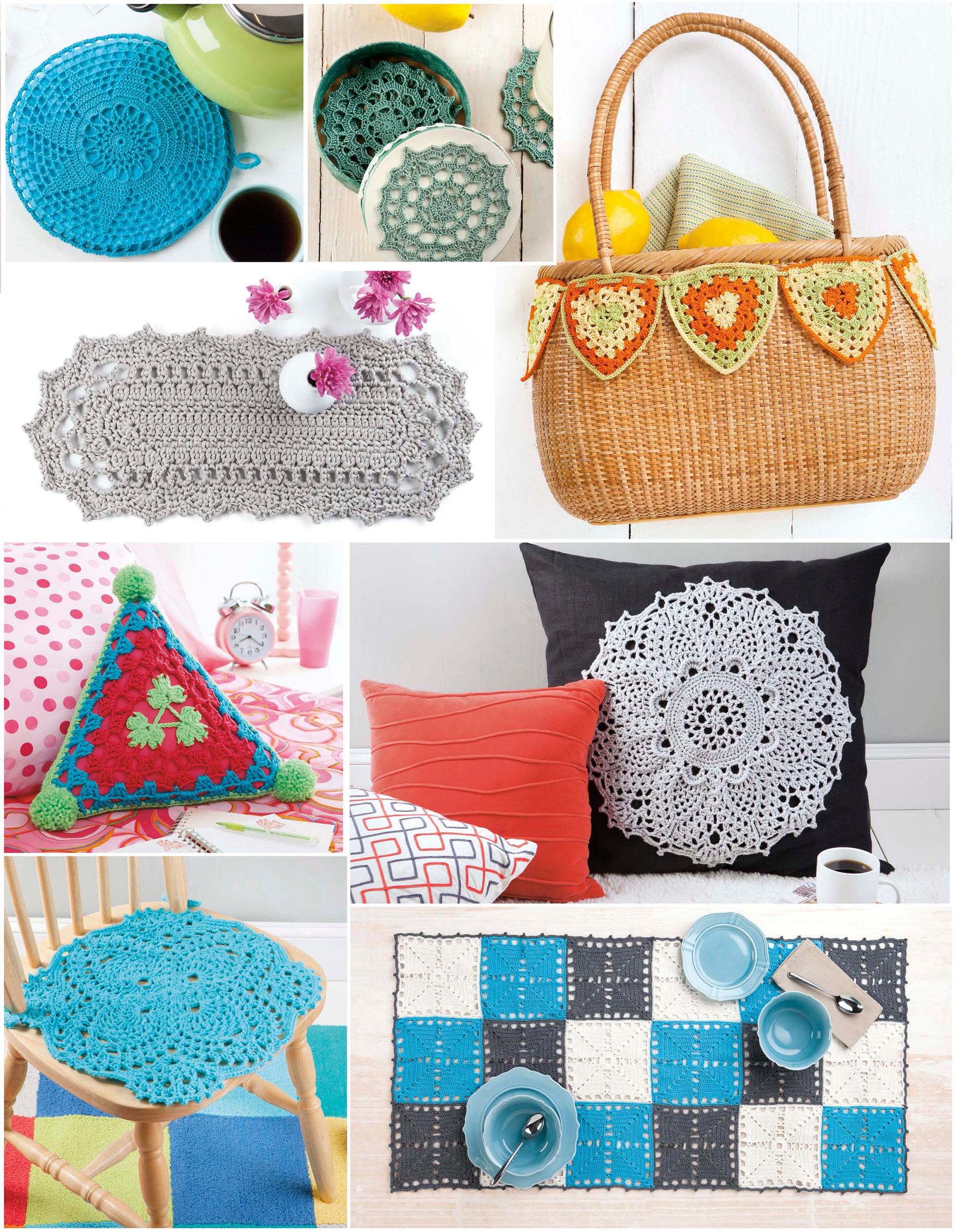 A collage of home decor crochet projects from Leisure Arts' Doilies Updated, featuring lace doilies, coasters, a decorated basket, a pillow with lace overlay, triangular cushion, chair seat cover, and checkered placemat.