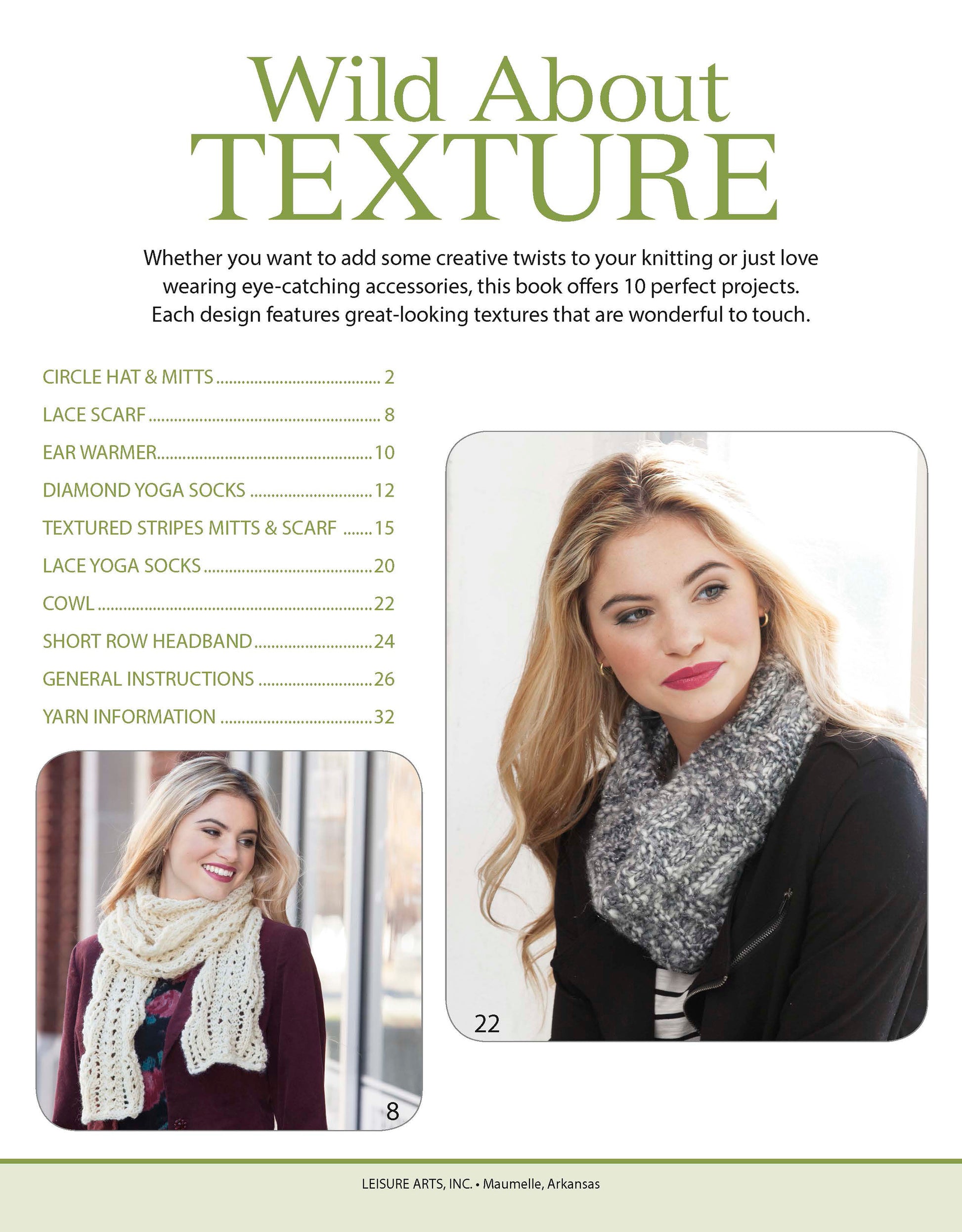 The cover of Wild About Texture by Leisure Arts shows the title in green above two women wearing chunky scarves made with super bulky yarn. The left side features the table of contents and a brief description.