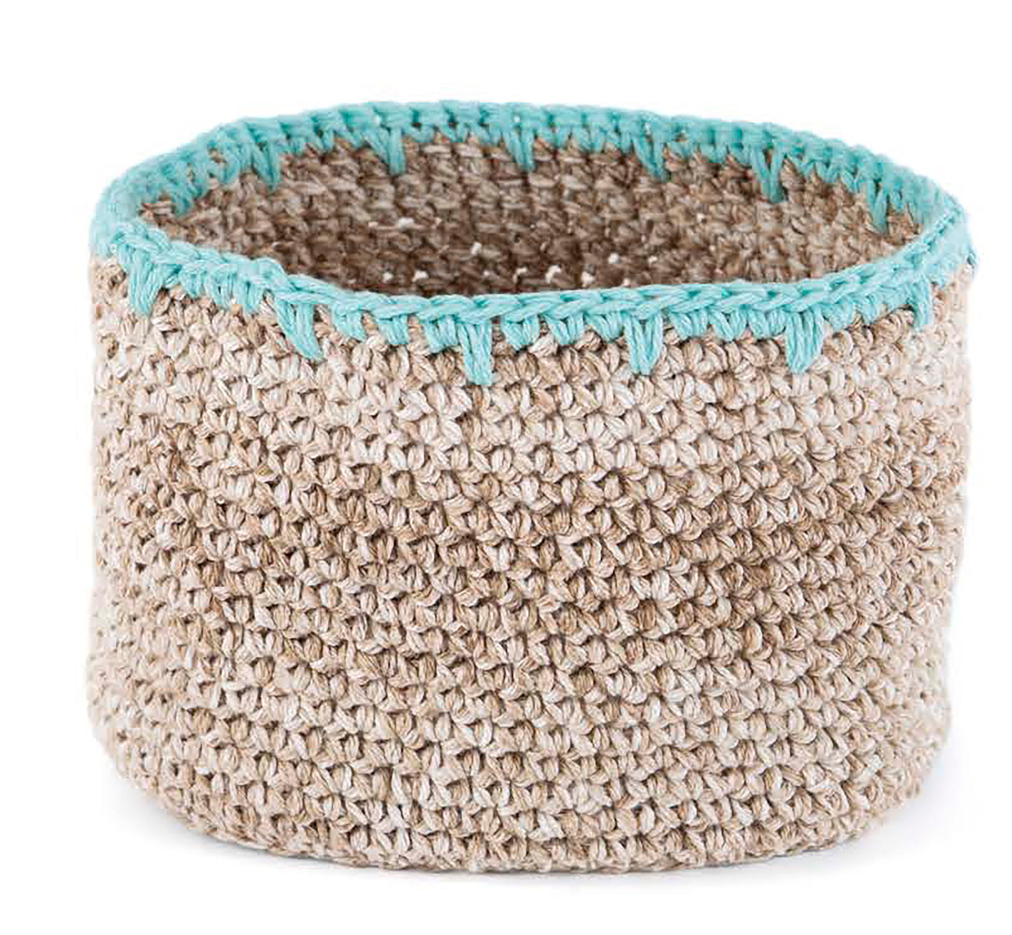 The Leisure Arts "All About Cotton" basket is round and handwoven in beige cotton, featuring a textured surface and a teal blue crocheted trim along the top edge, shown against a white background.