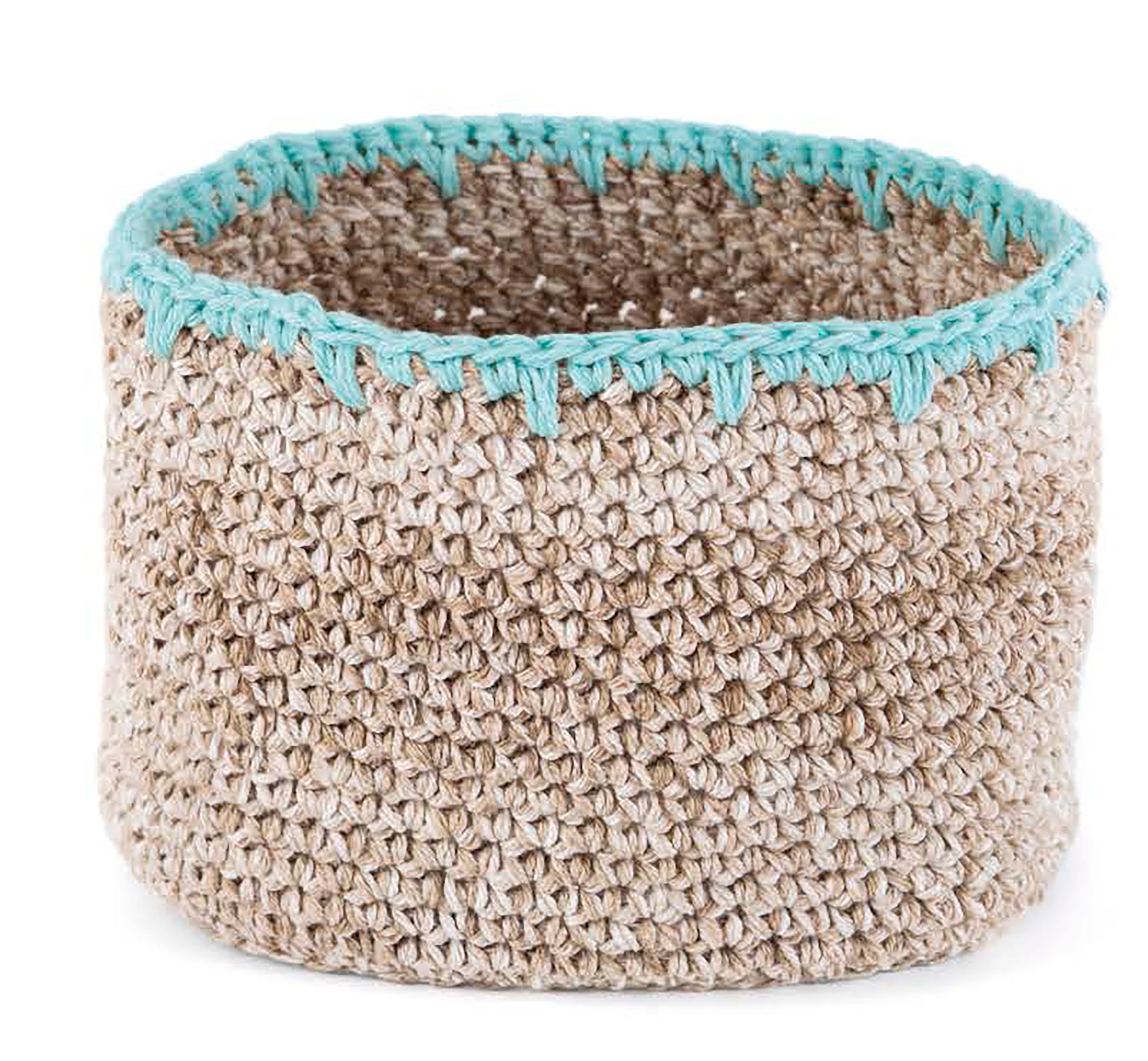 The Leisure Arts "All About Cotton" basket is round and handwoven in beige cotton, featuring a textured surface and a teal blue crocheted trim along the top edge, shown against a white background.