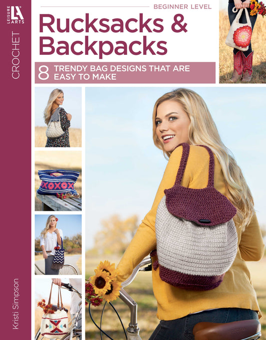 Cover for Leisure Arts’ "Crochet Rucksacks & Backpacks Digital Download." A blonde woman rides a bike wearing a crocheted backpack; smaller images show more easy crochet bag projects.