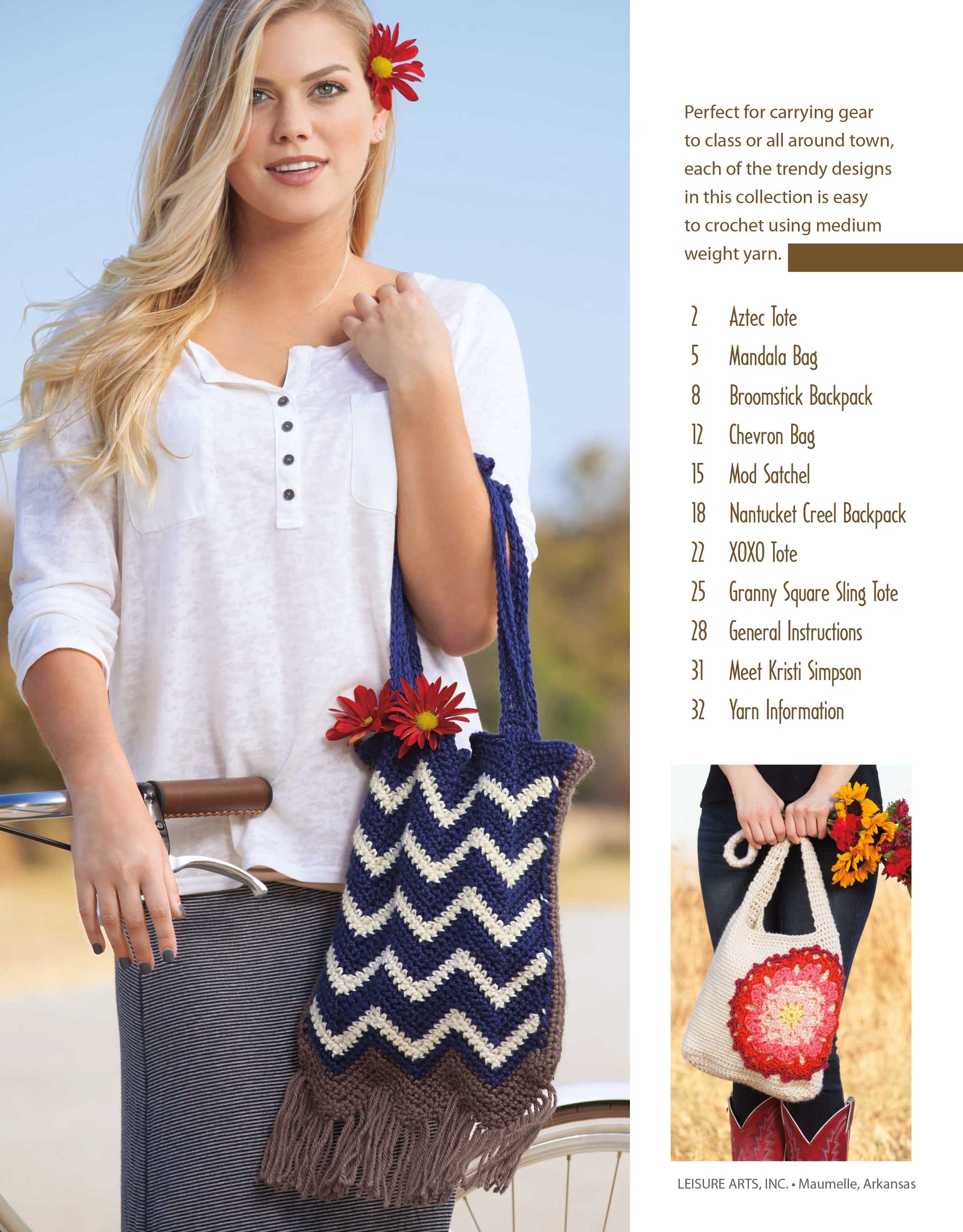 A woman with long blonde hair holds a trendy crochet bag, made using the "Crochet Rucksacks & Backpacks Digital Download" from Leisure Arts, showcasing stylish patterns perfect for your next project.