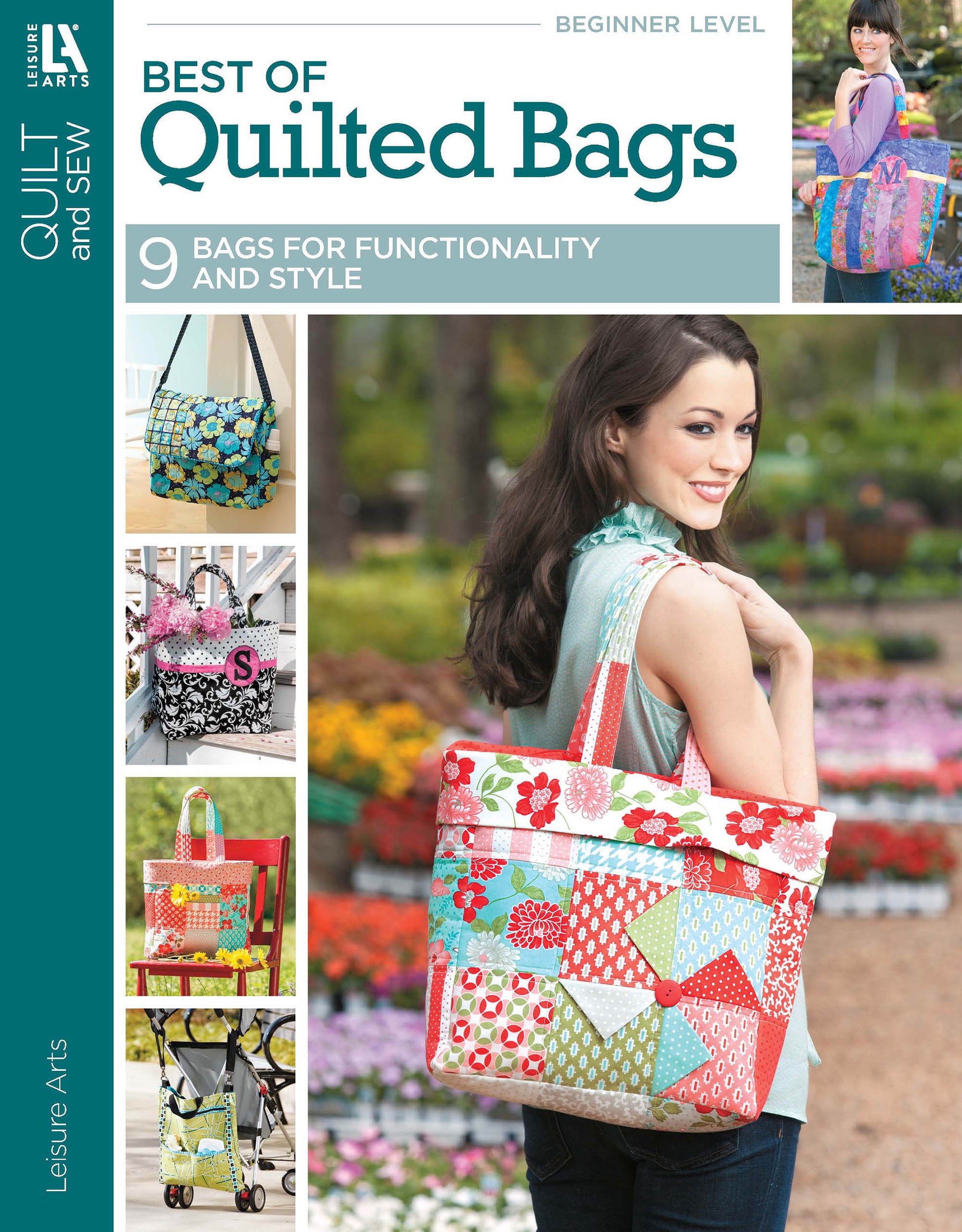 Cover of Best of Quilted Bags Digital Download by Leisure Arts features a woman with a colorful quilted bag, surrounded by images of projects and sewing patterns for various quilted bags.