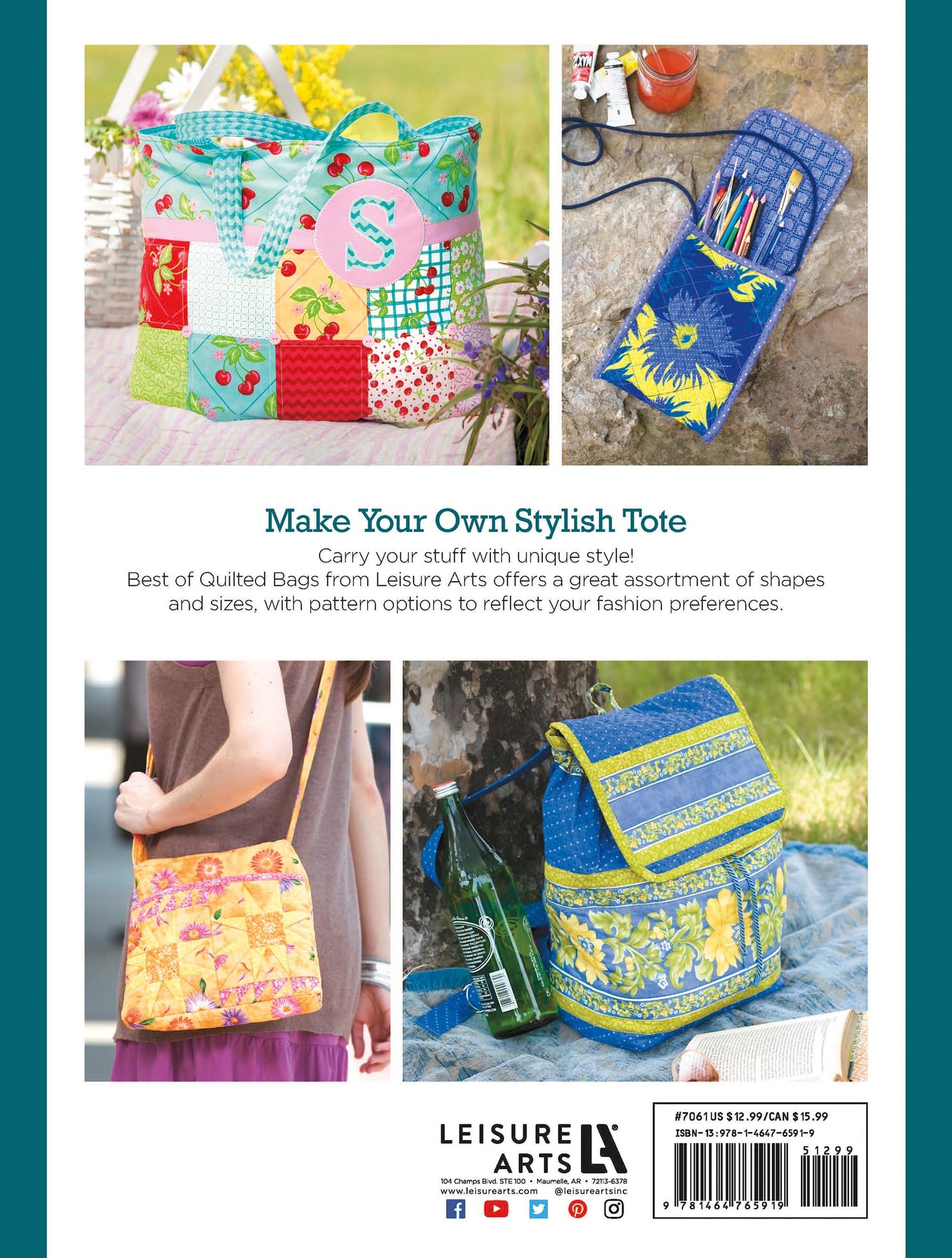 The back cover of Leisure Arts’ Best of Quilted Bags Digital Download displays four vibrant quilted bags—a patchwork tote, pen organizer, yellow crossbody, and blue-yellow flap bag—with beginner-friendly bag instructions.