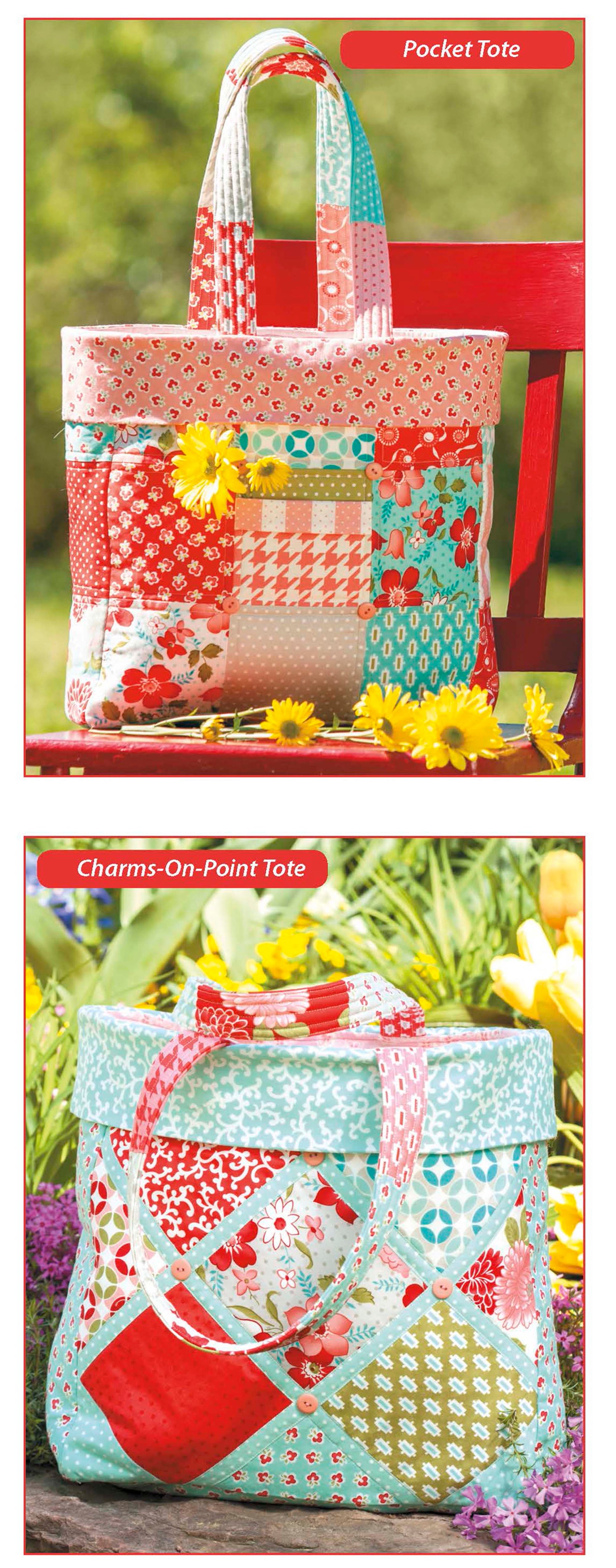 Two patchwork tote bags from Leisure Arts’ Best of Quilted Bags Digital Download—a Pocket Tote on a red chair and a Charms-On-Point Tote among greenery—feature vibrant floral and geometric patterns, perfect for beginner bag makers.