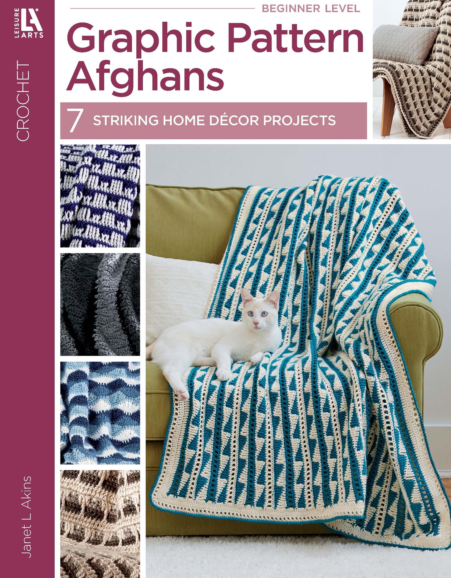 Cover of Leisure Arts' "Graphic Pattern Afghans" shows a white cat on a blue and cream geometric afghan draped over a green chair, with smaller images of additional afghan designs on the left.