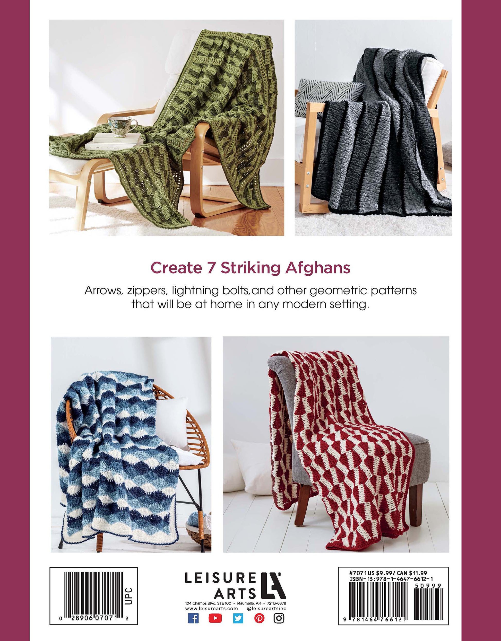 Leisure Arts’ Graphic Pattern Afghans features four modern afghans with green and black, blue and white, and red and white geometric designs; the text highlights seven striking home decor projects for modern homes.