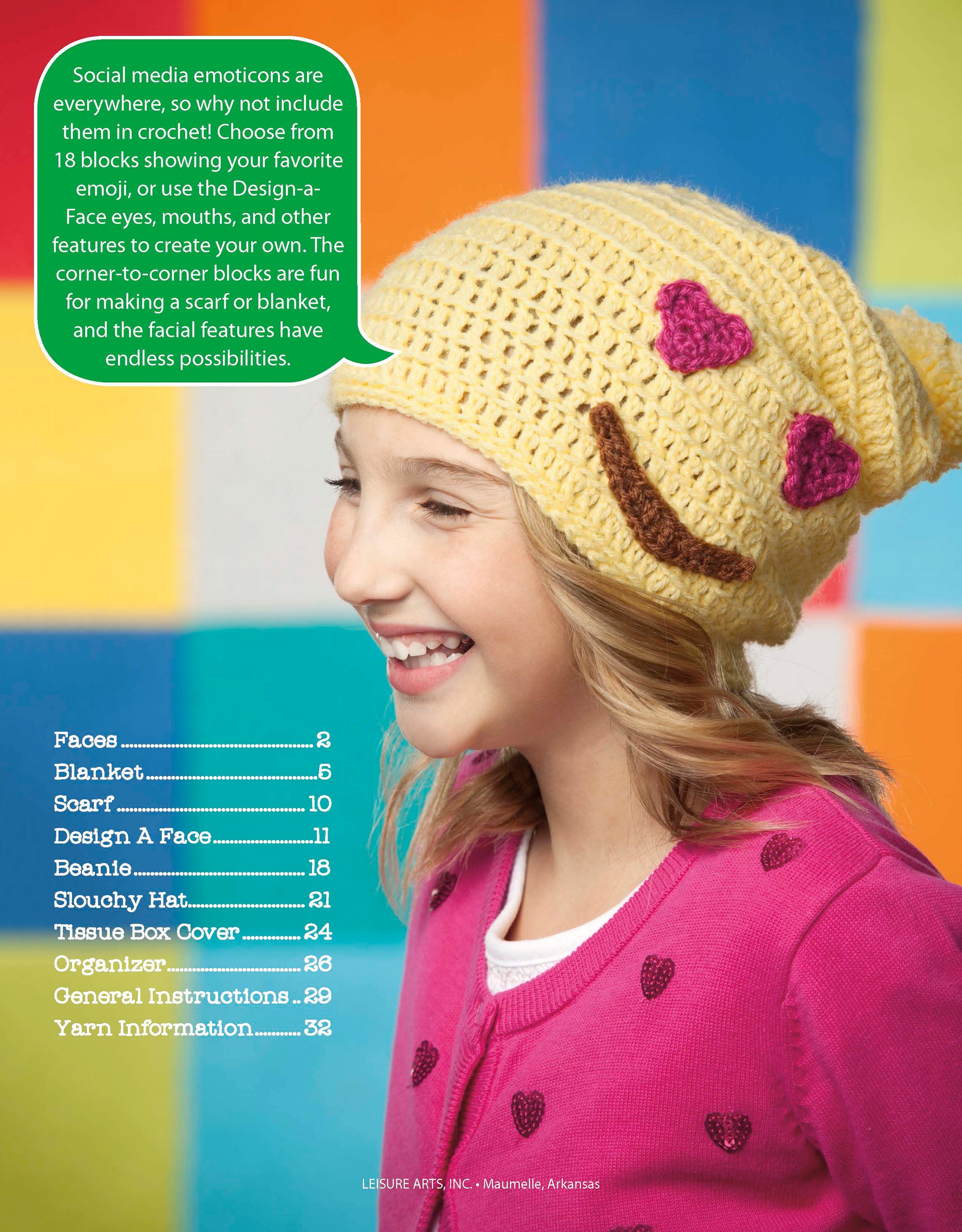 A girl in profile wears a yellow crochet emoji hat with pink heart eyes and a brown smile. The colorful background features text overlays for beginner crochet projects from Emoji Crochet by Leisure Arts.