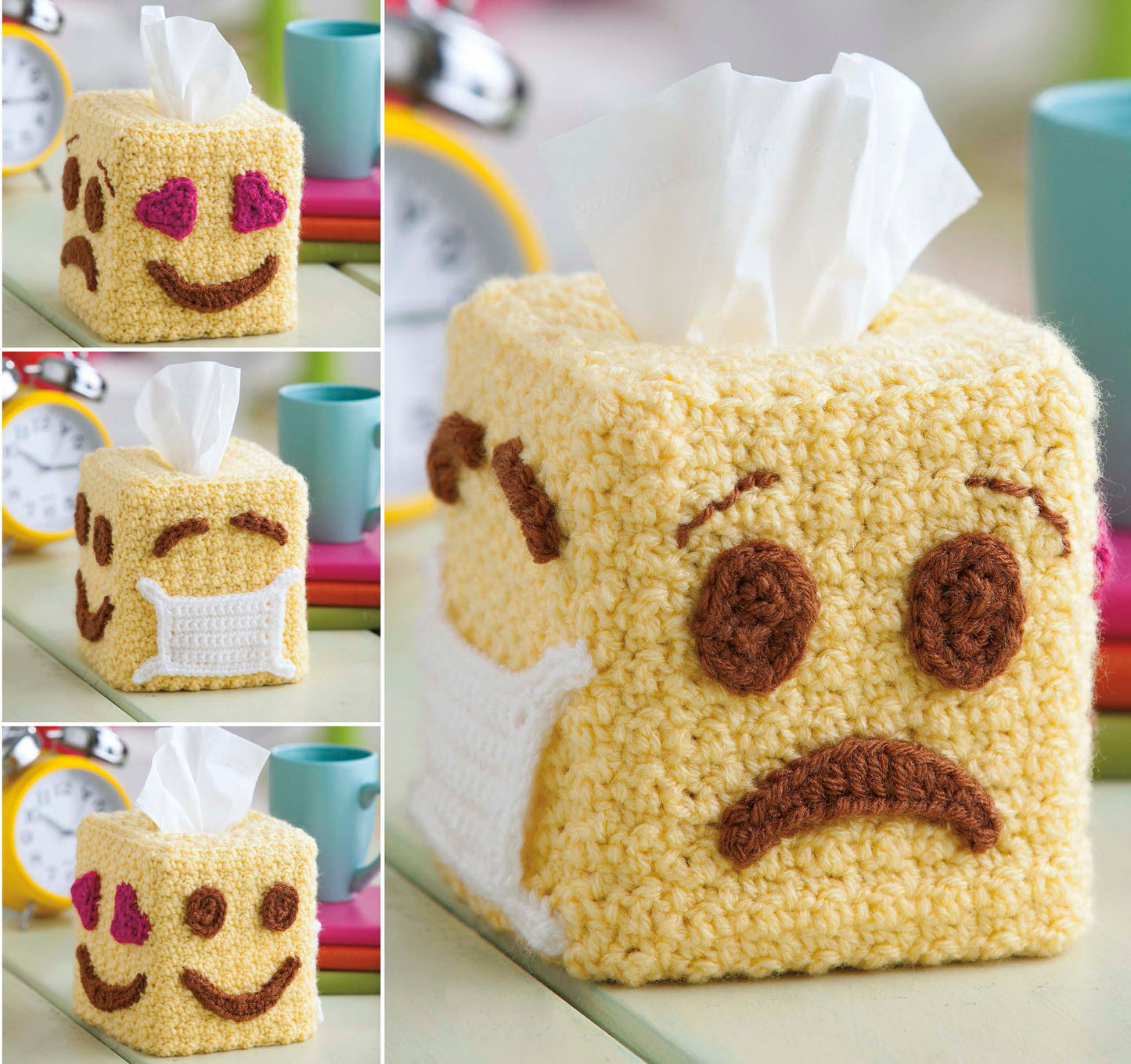 Four photos show the Emoji Crochet tissue box cover made with beginner patterns from Leisure Arts. The yellow cover features heart eyes, mask, sad, and smiling faces. Background includes cups and a yellow clock.