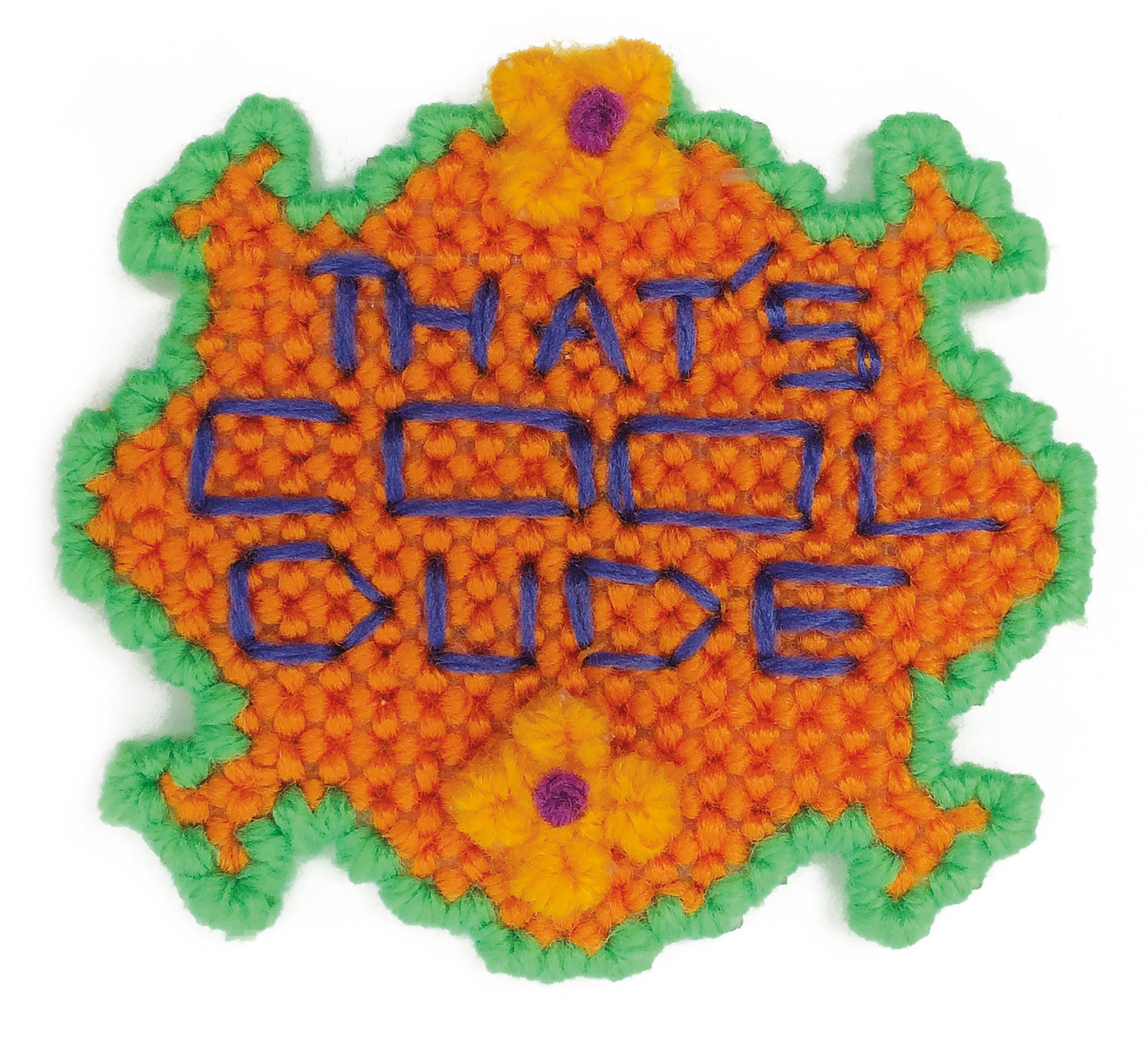 Add unique flair with Leisure Arts’ Show Off Magnets in Plastic Canvas—a colorful, irregularly-shaped cross-stitch patch with orange and yellow thread, green border, and “THATS COOL DUDE” stitched in blue. Perfect for creative kids!.