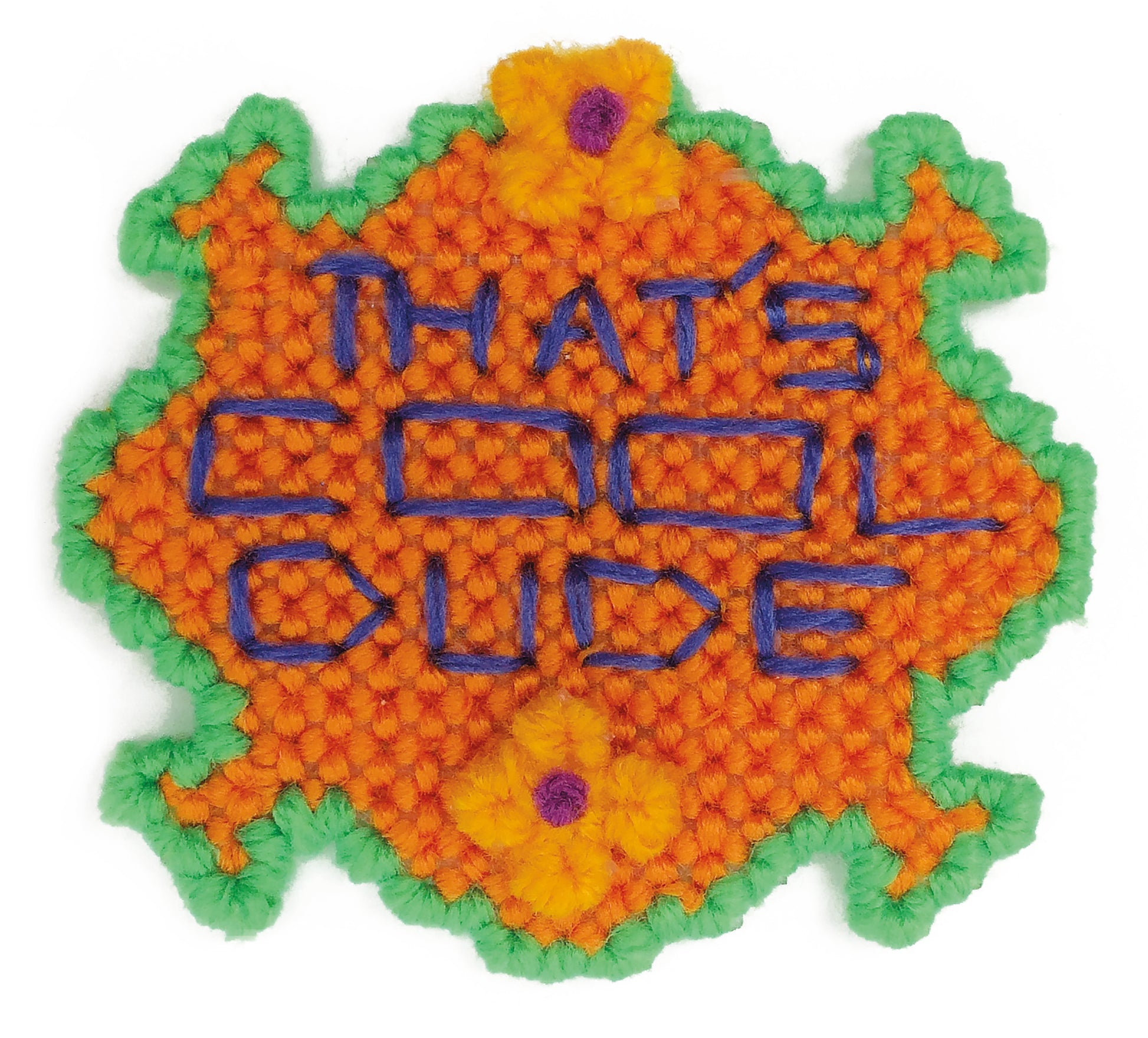 Add unique flair with Leisure Arts’ Show Off Magnets in Plastic Canvas—a colorful, irregularly-shaped cross-stitch patch with orange and yellow thread, green border, and “THATS COOL DUDE” stitched in blue. Perfect for creative kids!.