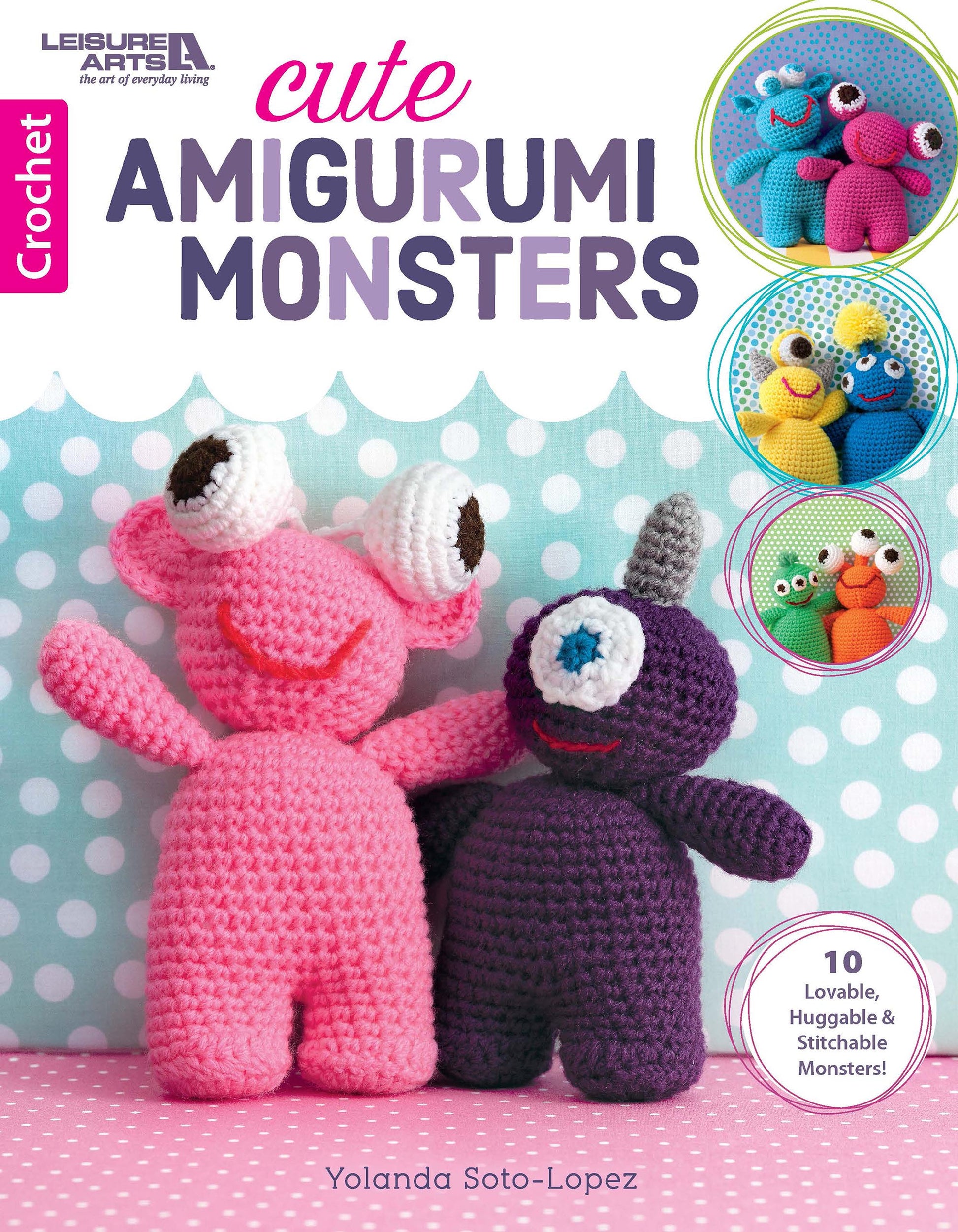 Cover of the Cute Amigurumi Monsters Digital Download by Leisure Arts shows two crochet monster dolls—one pink with big eyes, one purple with a horn—on a polka dot background, with circular photos of more beginner patterns on the right.