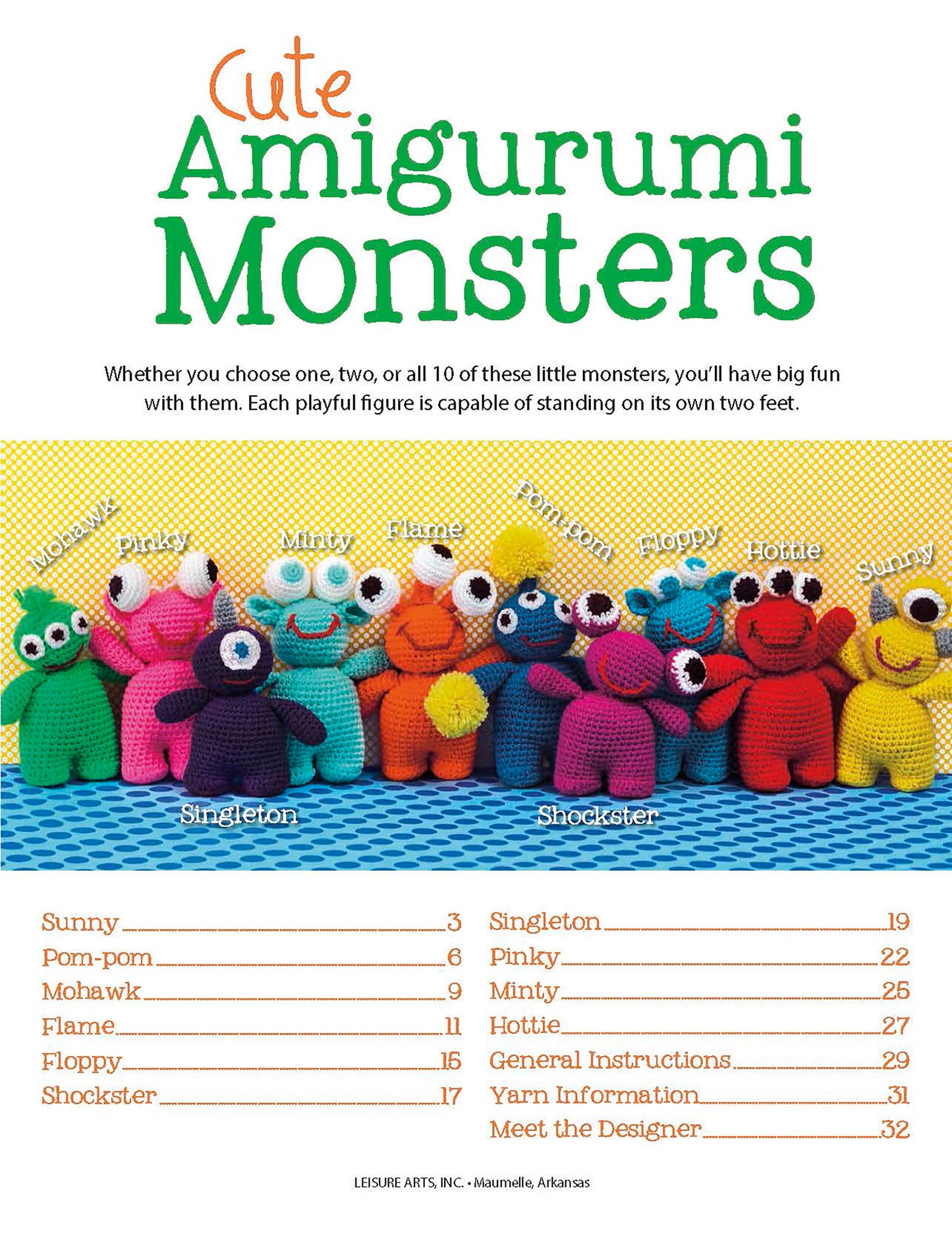 The Cute Amigurumi Monsters Digital Download by Leisure Arts features a vibrant cover with ten brightly colored, big-eyed crochet monsters sitting in a row, each labeled with their name above their head.