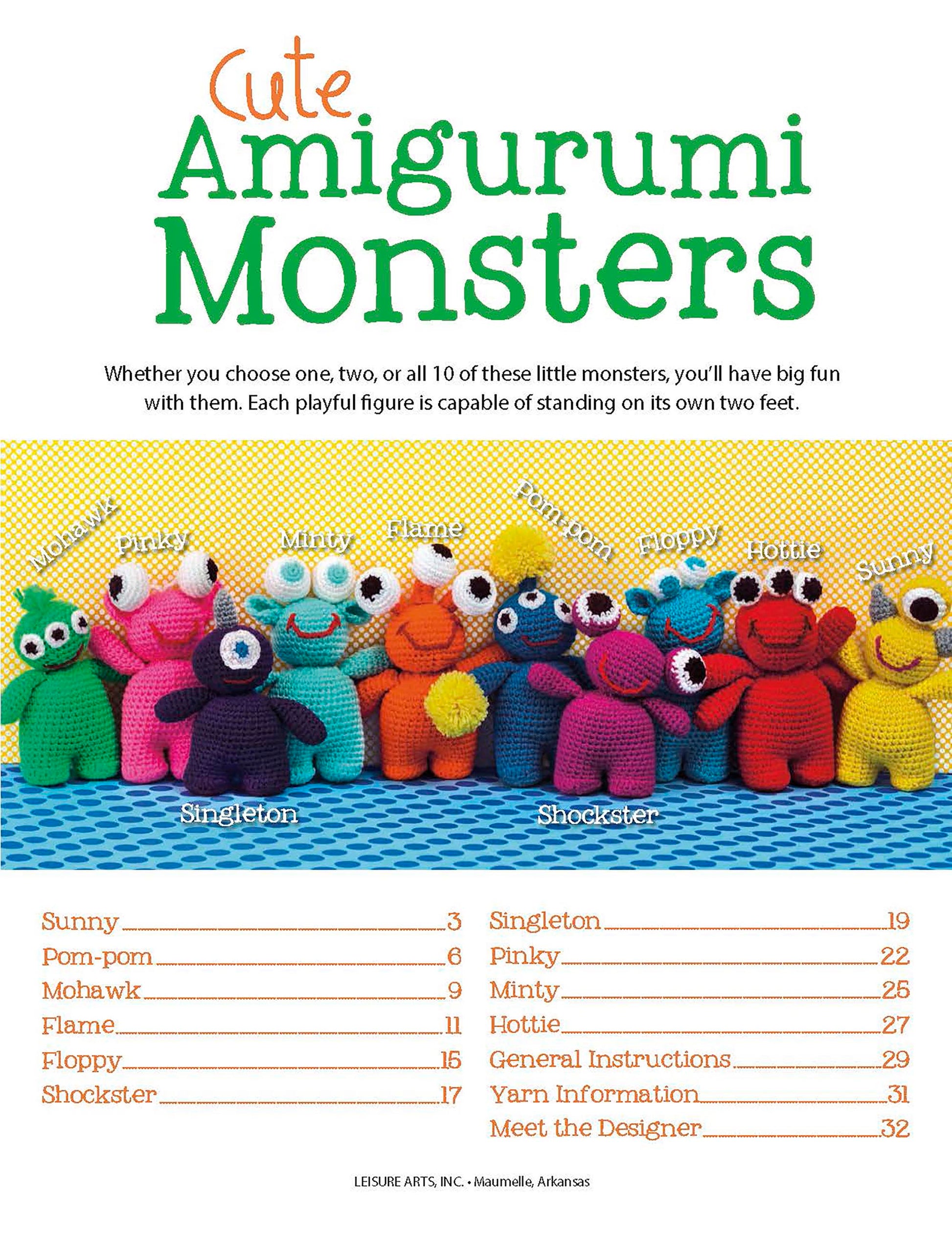 The Cute Amigurumi Monsters Digital Download by Leisure Arts features a vibrant cover with ten brightly colored, big-eyed crochet monsters sitting in a row, each labeled with their name above their head.